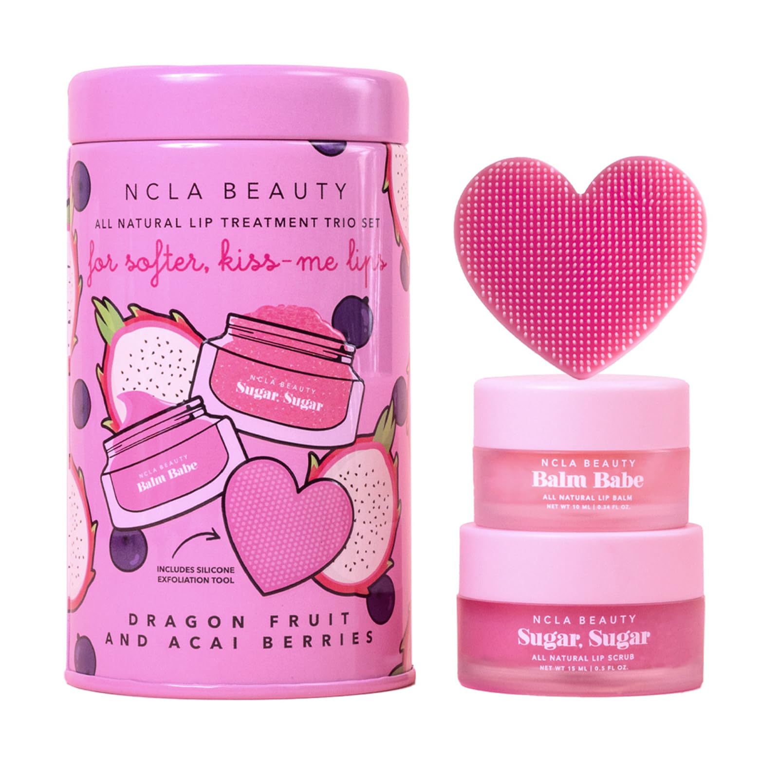 NCLA All Natural Lip Treatment Set – Hydrating Lip Balm, Sugar Scrub & Silicone Scrubber | Dragon Fruit Acai Berry