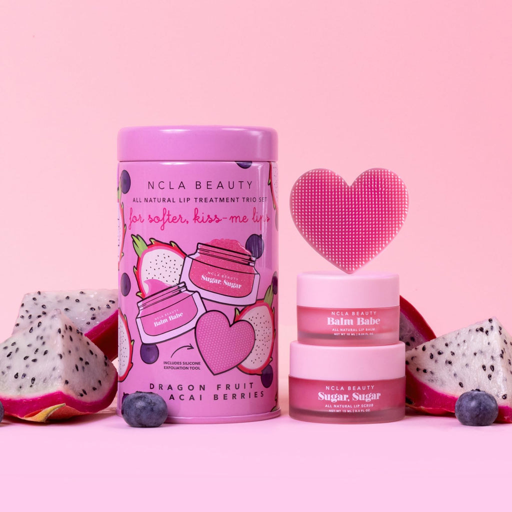 NCLA All Natural Lip Treatment Set – Hydrating Lip Balm, Sugar Scrub & Silicone Scrubber | Dragon Fruit Acai Berry