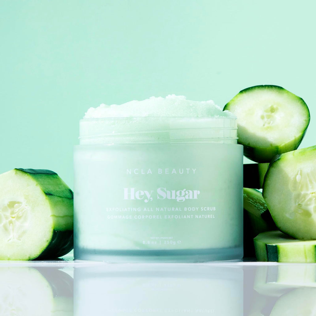 NCLA BEAUTY Hey Sugar All Natural Body Scrub – Moisturizing Exfoliating Sugar Scrub with Mango, Shea & Cocoa Butter, Cucumber – 8.8 oz