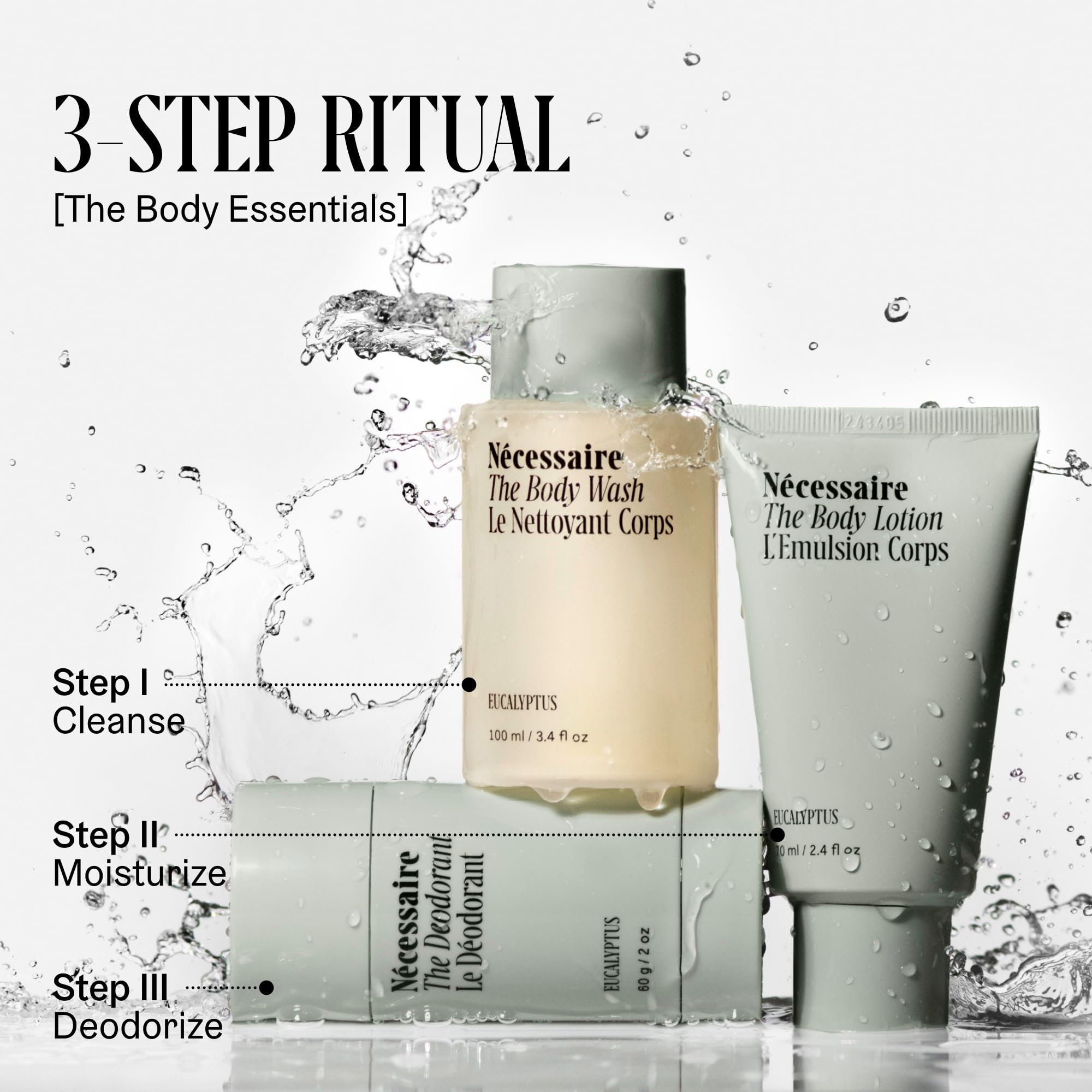 Nécessaire Body Essentials Gift Set – Travel-Size Wash, Lotion & Aluminum-Free Deodorant | Eucalyptus