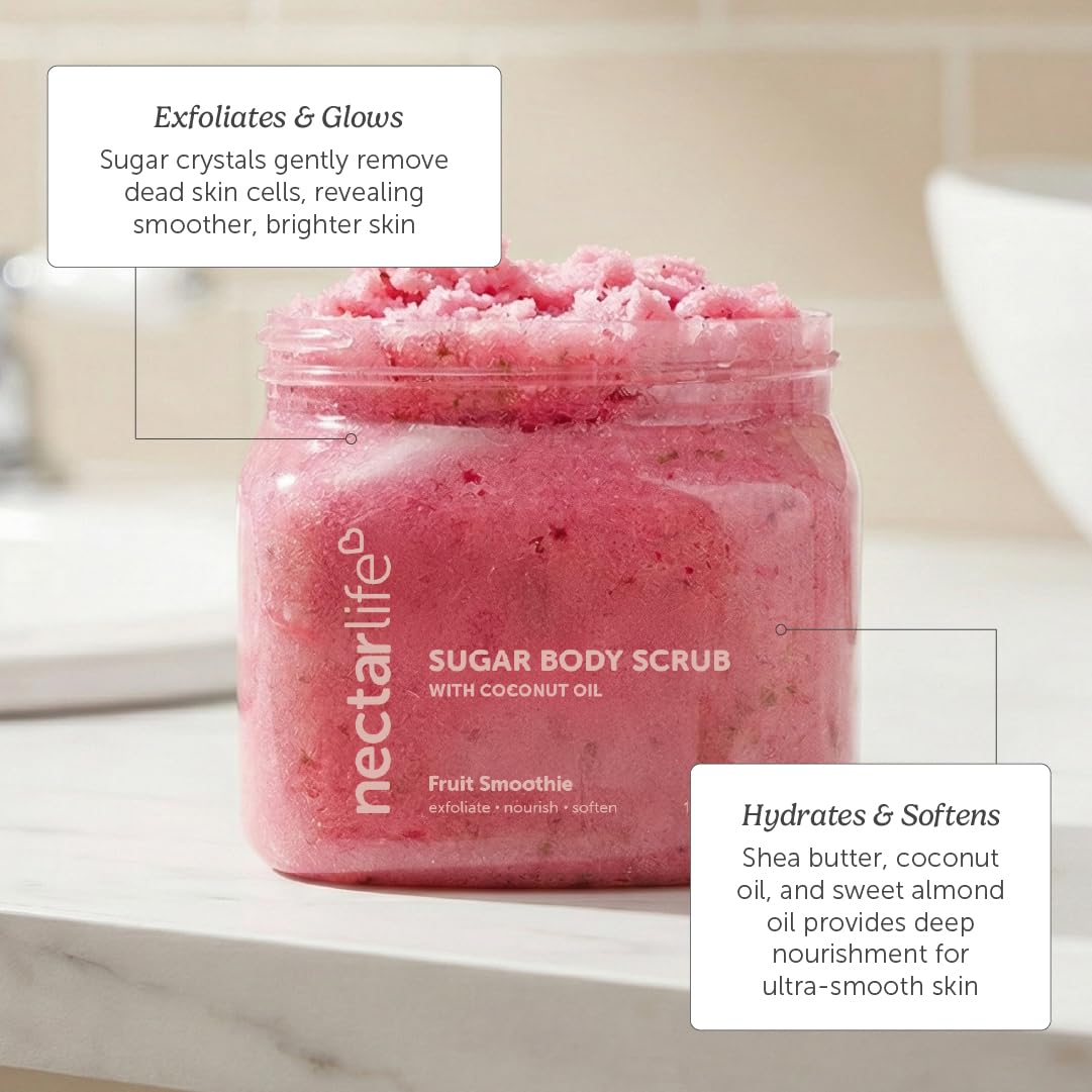 Nectar Life Exfoliating Sugar Scrub – Hydrating Body Scrub with Coconut Oil & Shea Butter (16 oz) | Vegan & Cruelty-Free