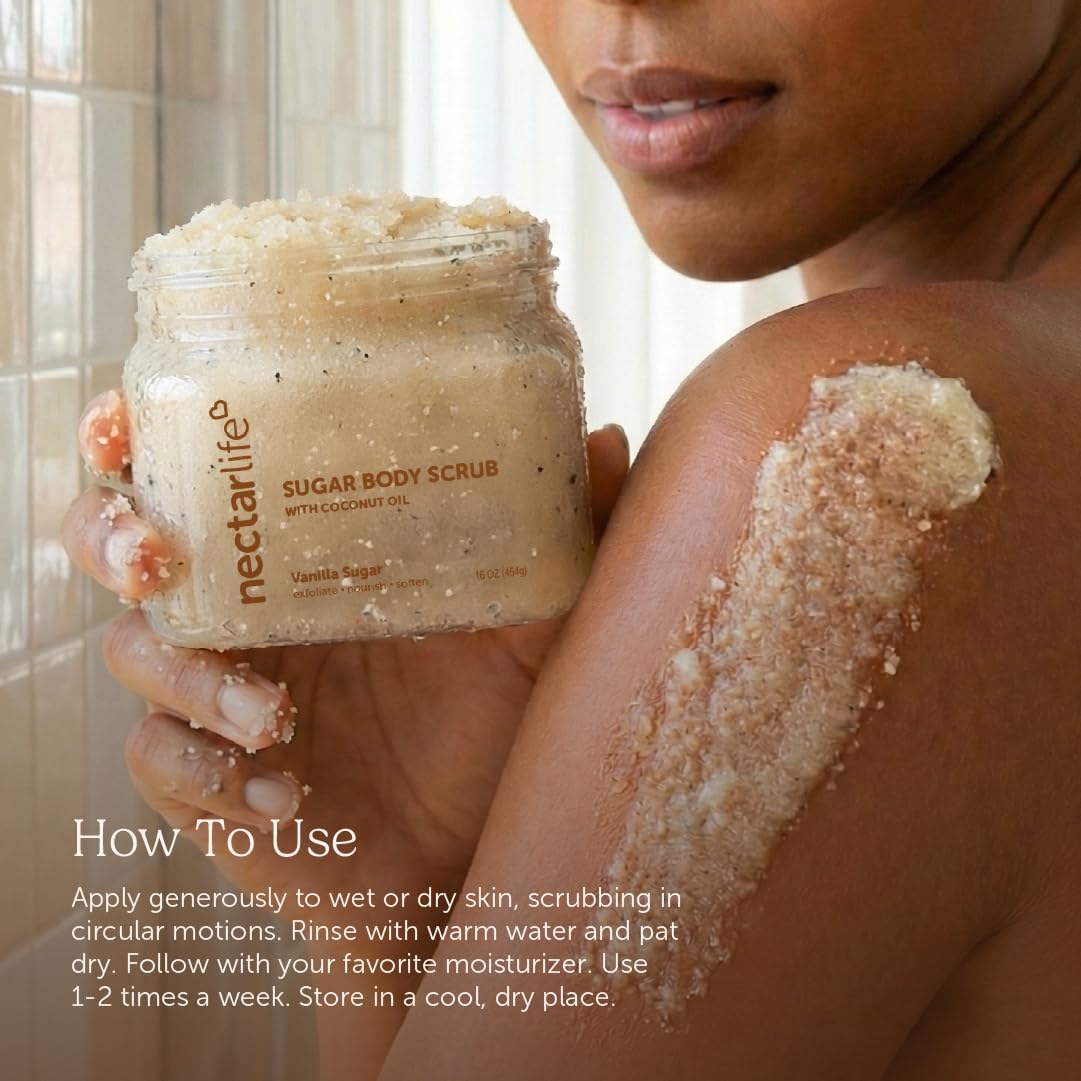 Nectar Life Exfoliating Sugar Scrub – Hydrating Body Scrub with Coconut Oil & Shea Butter (16 oz) | Vegan & Cruelty-Free