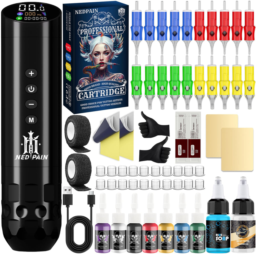 NedPain Wireless Tattoo Kit – Tilted OLED Pen, 8500RPM, 1500mAh Battery