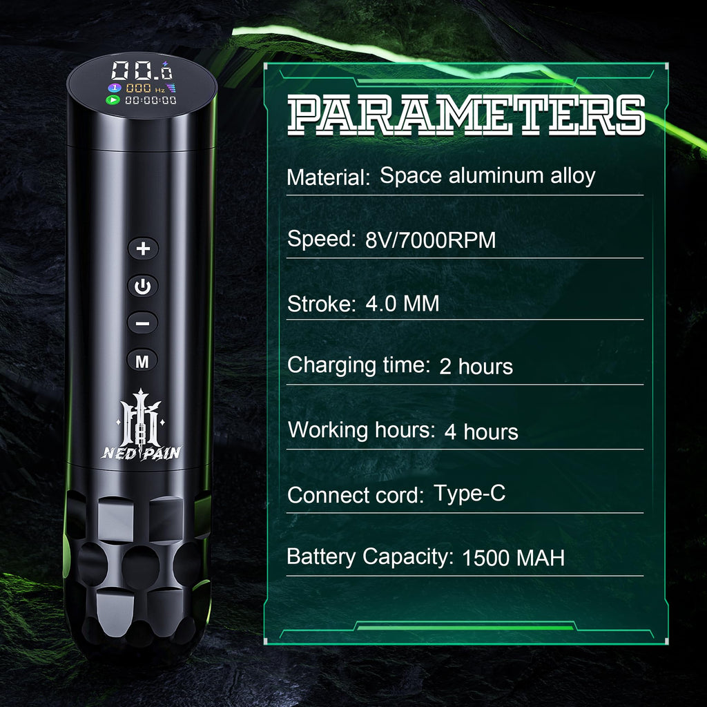 NedPain Wireless Tattoo Kit – Tilted OLED Pen, 8500RPM, 1500mAh Battery