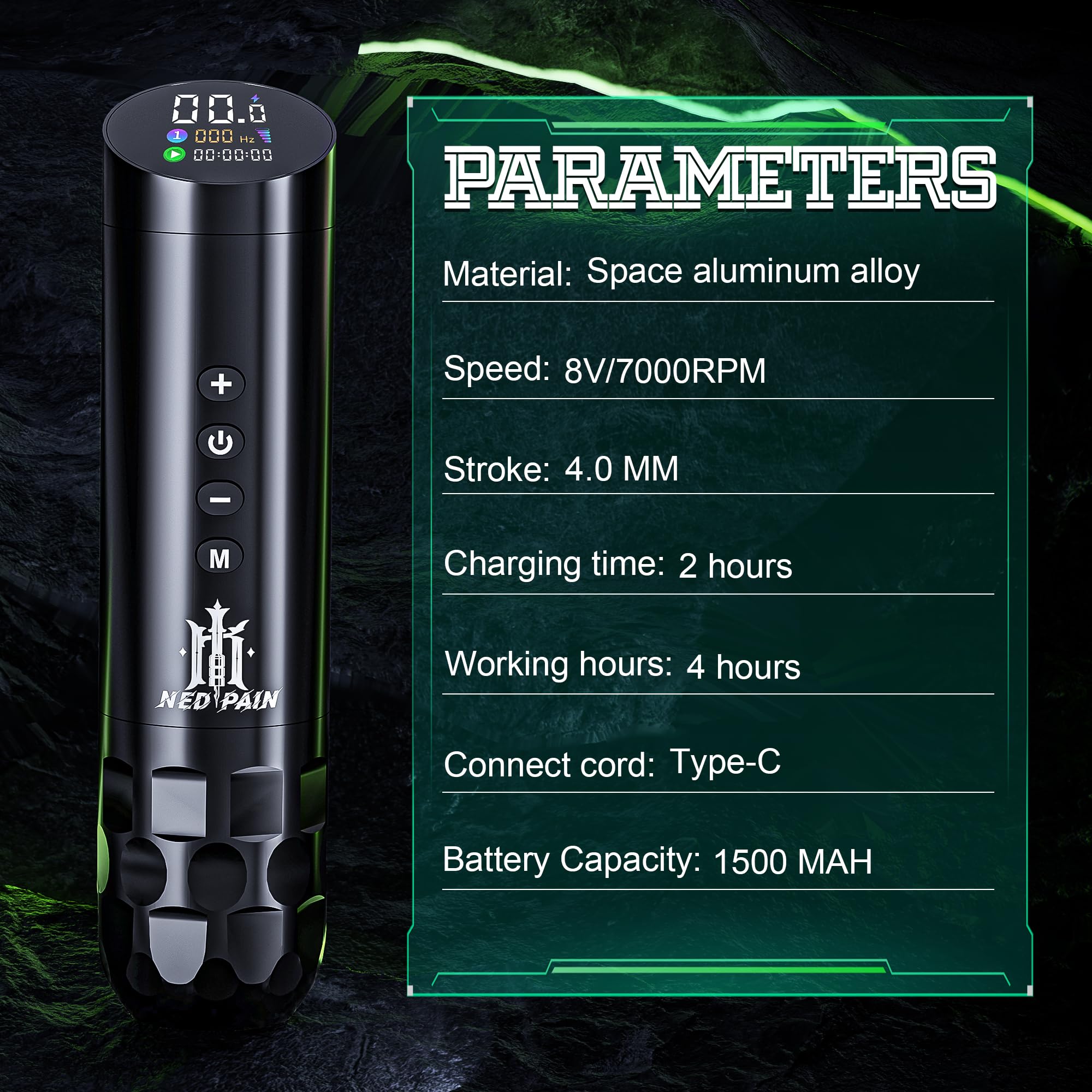 NedPain Wireless Tattoo Kit – Tilted OLED Pen, 8500RPM, 1500mAh Battery