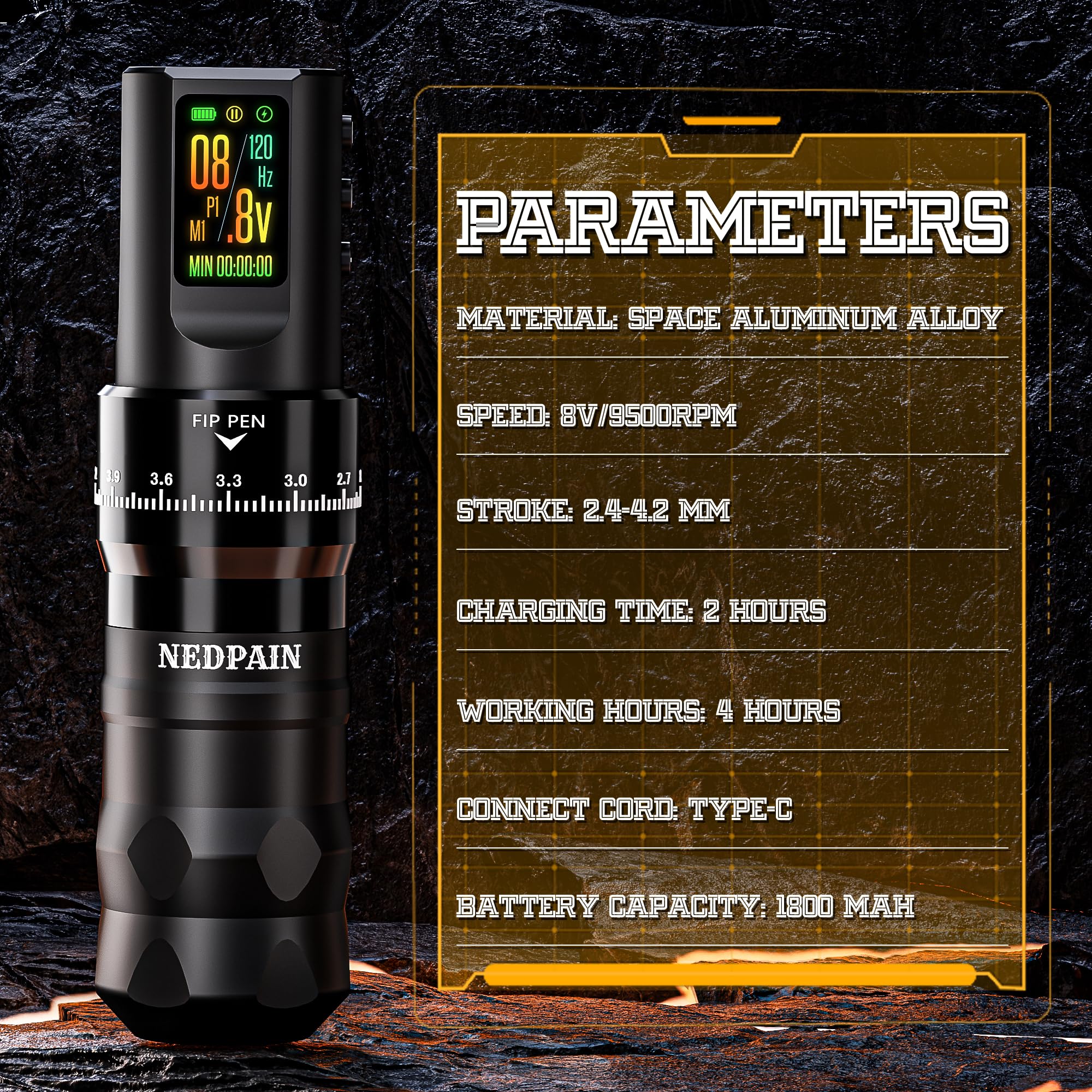 NEDPAIN Pro Wireless Tattoo Kit – 9500RPM, 1800mAh Battery, 7 Stroke Adjustments, RCA & LED Display