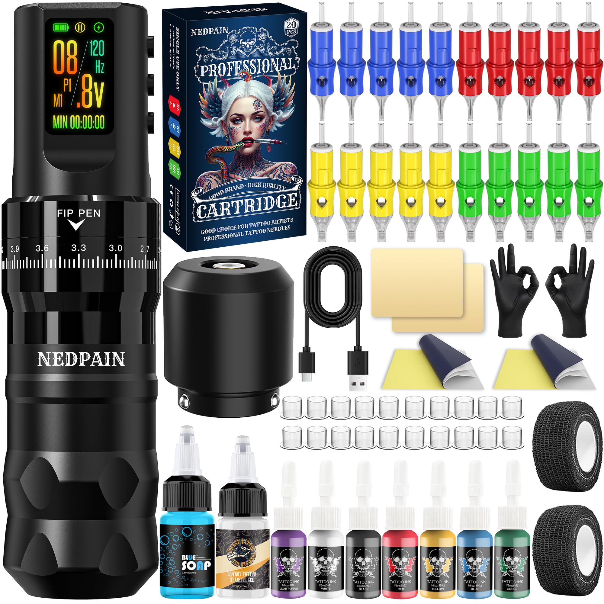 NEDPAIN Pro Wireless Tattoo Kit – 9500RPM, 1800mAh Battery, 7 Stroke Adjustments, RCA & LED Display