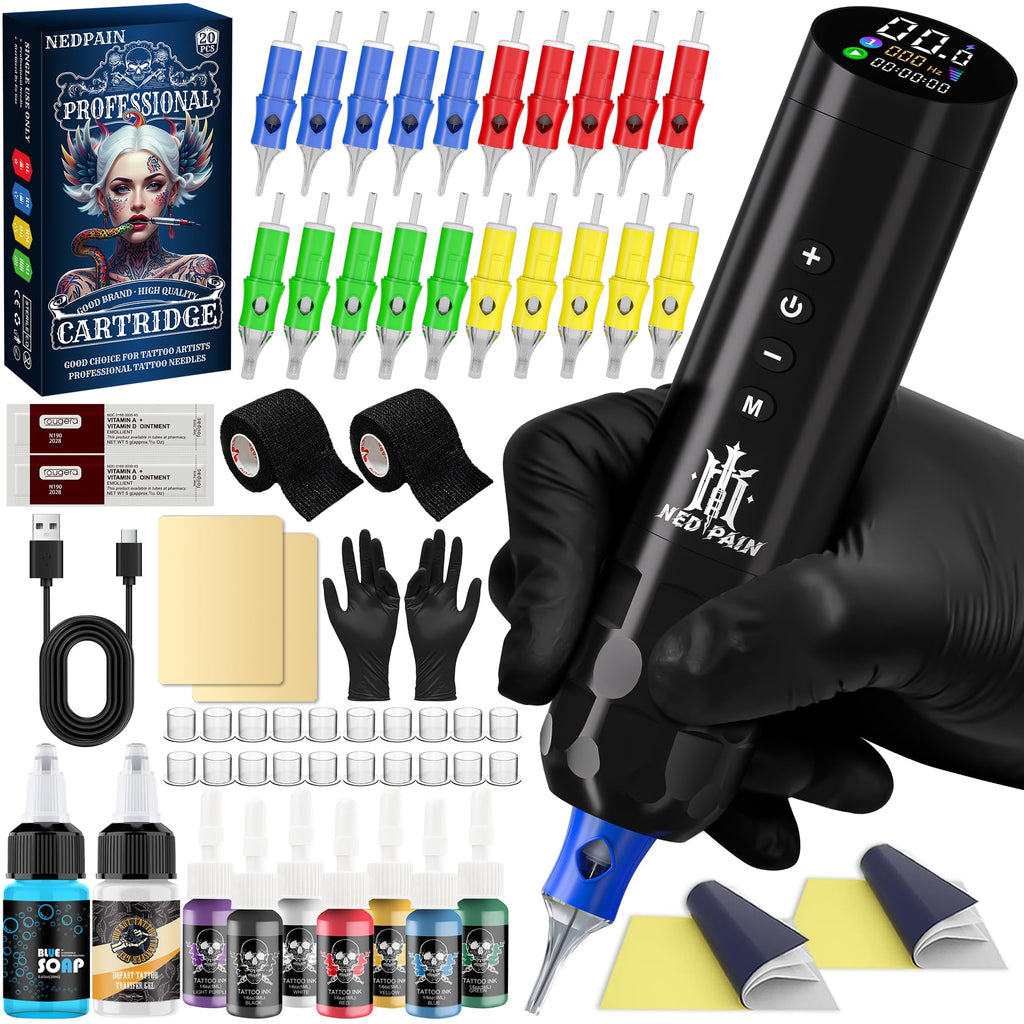 NedPain Wireless Tattoo Kit – Tilted OLED Pen, 8500RPM, 1500mAh Battery