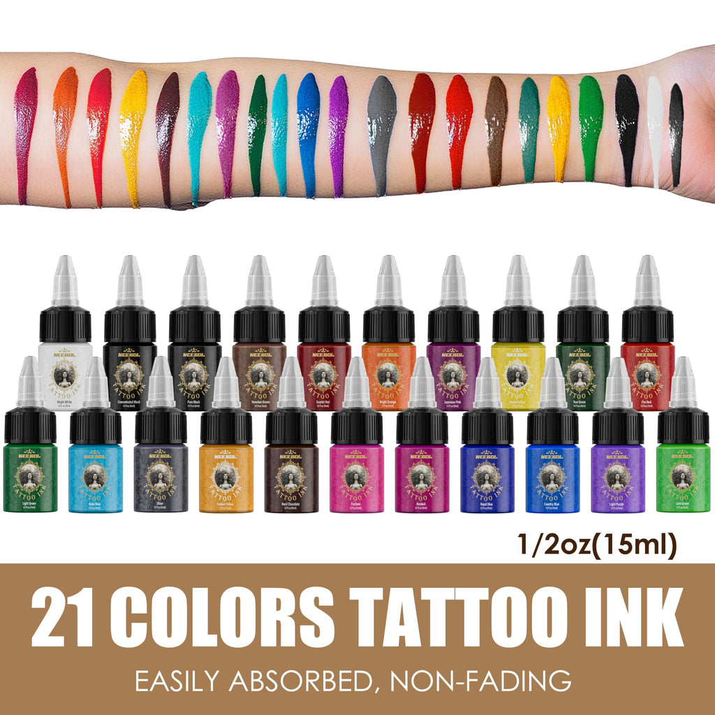 Neebol 21 Colors Tattoo Ink Set – 15ml Bottles for Outlining & Shading