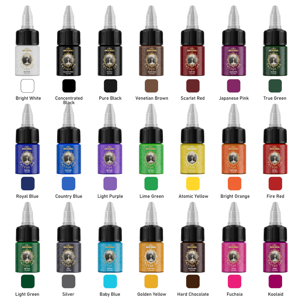 Neebol 21 Colors Tattoo Ink Set – 15ml Bottles for Outlining & Shading