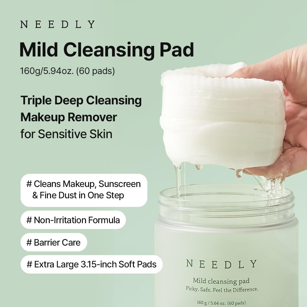 NEEDLY Mild Cleansing Pad – Makeup Remover for Sensitive Skin, Triple Deep Cleansing, Extra-Large Soft Vegan Pad