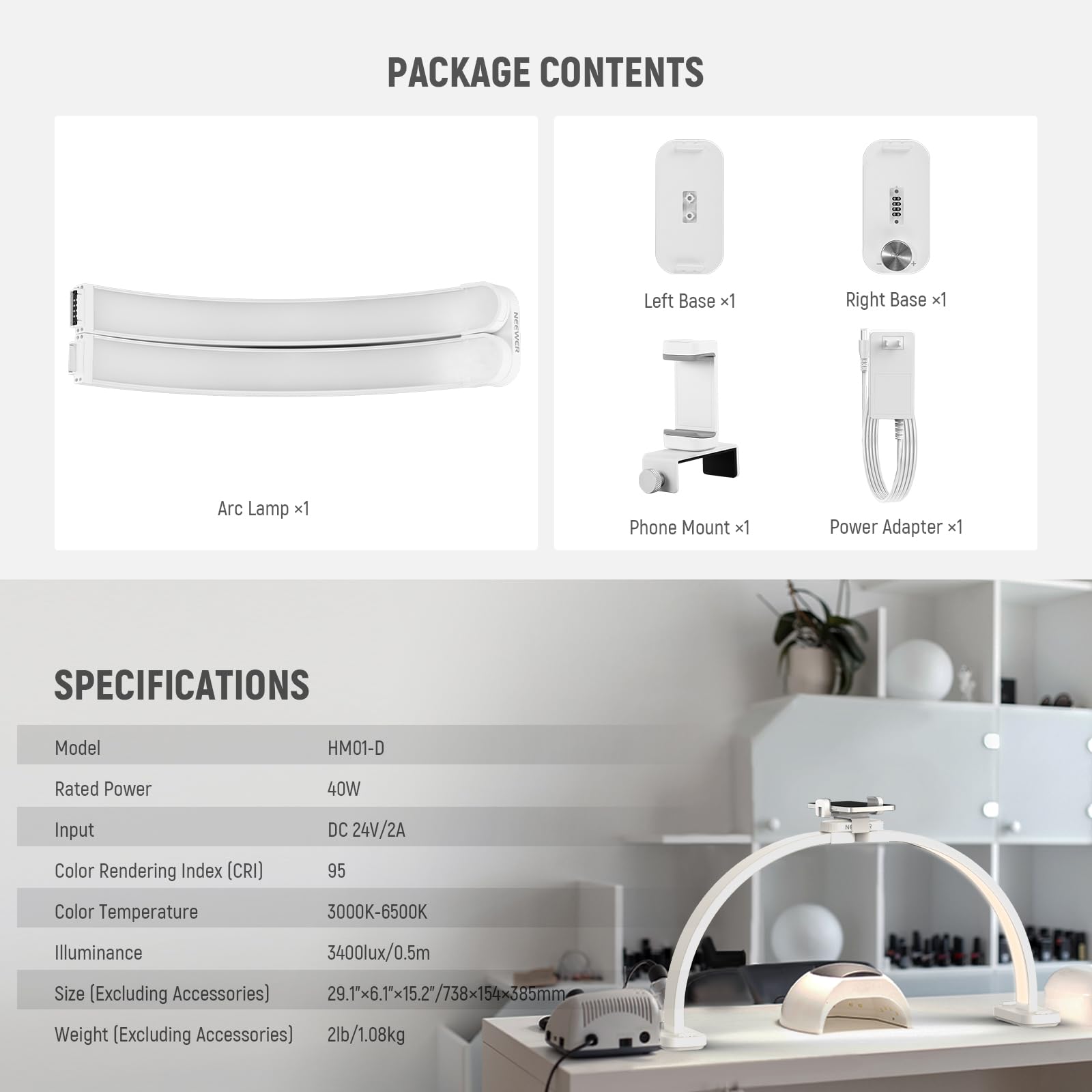 NEEWER Basic HM01-D 29-inch Arc Lamp – Foldable 40W LED Nail & Beauty Light (3000K-6500K)