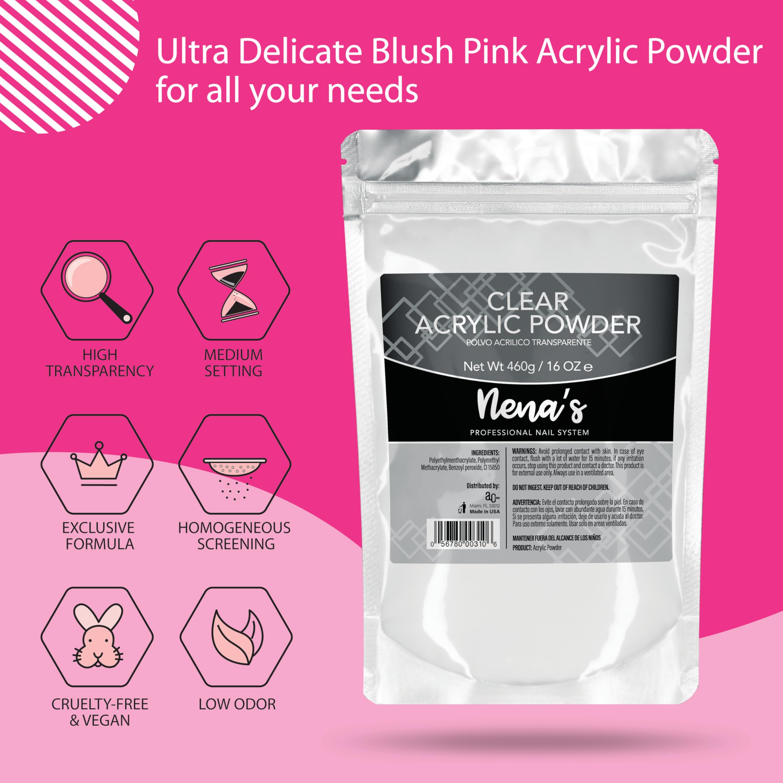 Nena's Superior Sculpting Powder – Clear, Blush Pink & Medium Pink Acrylic Nail System (16 oz / 460 g)