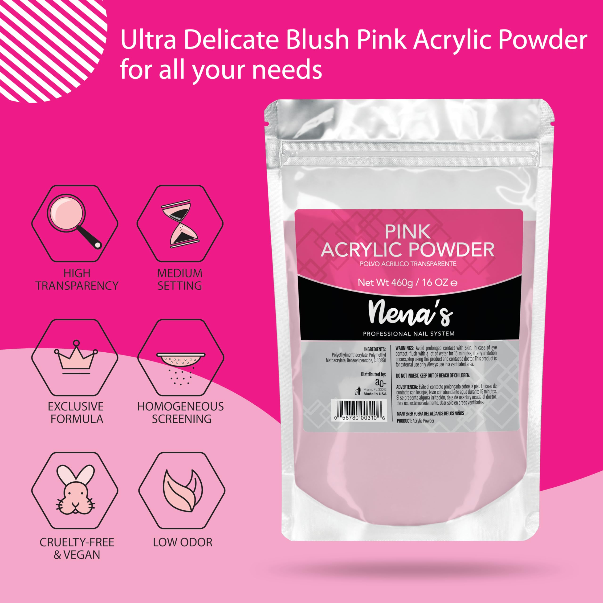 Nena's Superior Sculpting Powder – 16 oz Professional Acrylic Nail System (Clear & Pink)