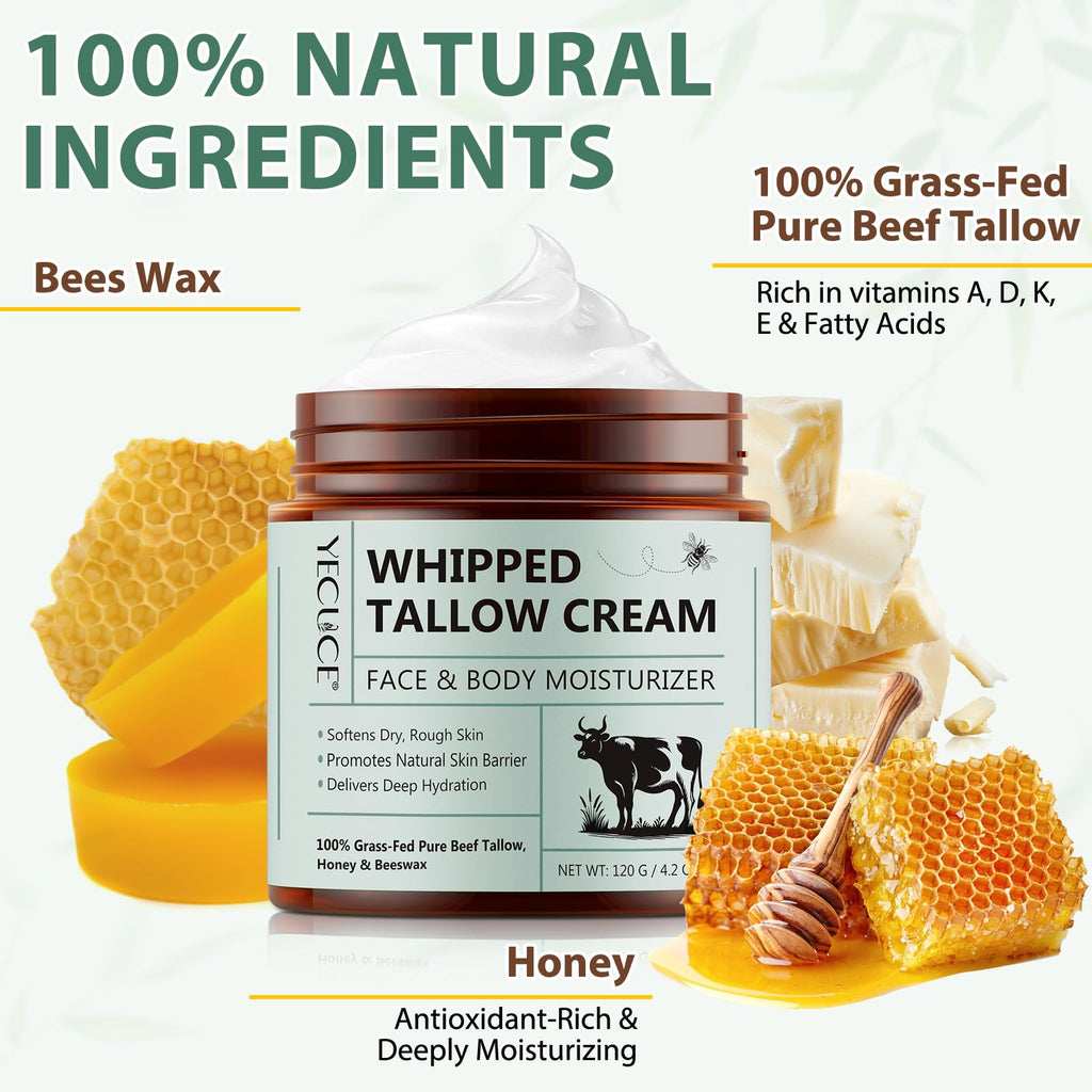 NenMaoKeNu Beef Tallow Balm with Honey & Beeswax – Organic Whipped Moisturizer for Face & Body (4.2 oz)