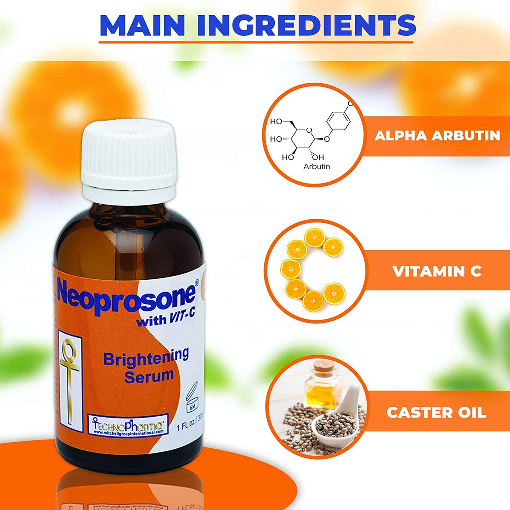 Neoprosone Vitamin C Serum for Face | 1 oz / 30 ml – Brightening Serum with Alpha Arbutin & Castor Oil