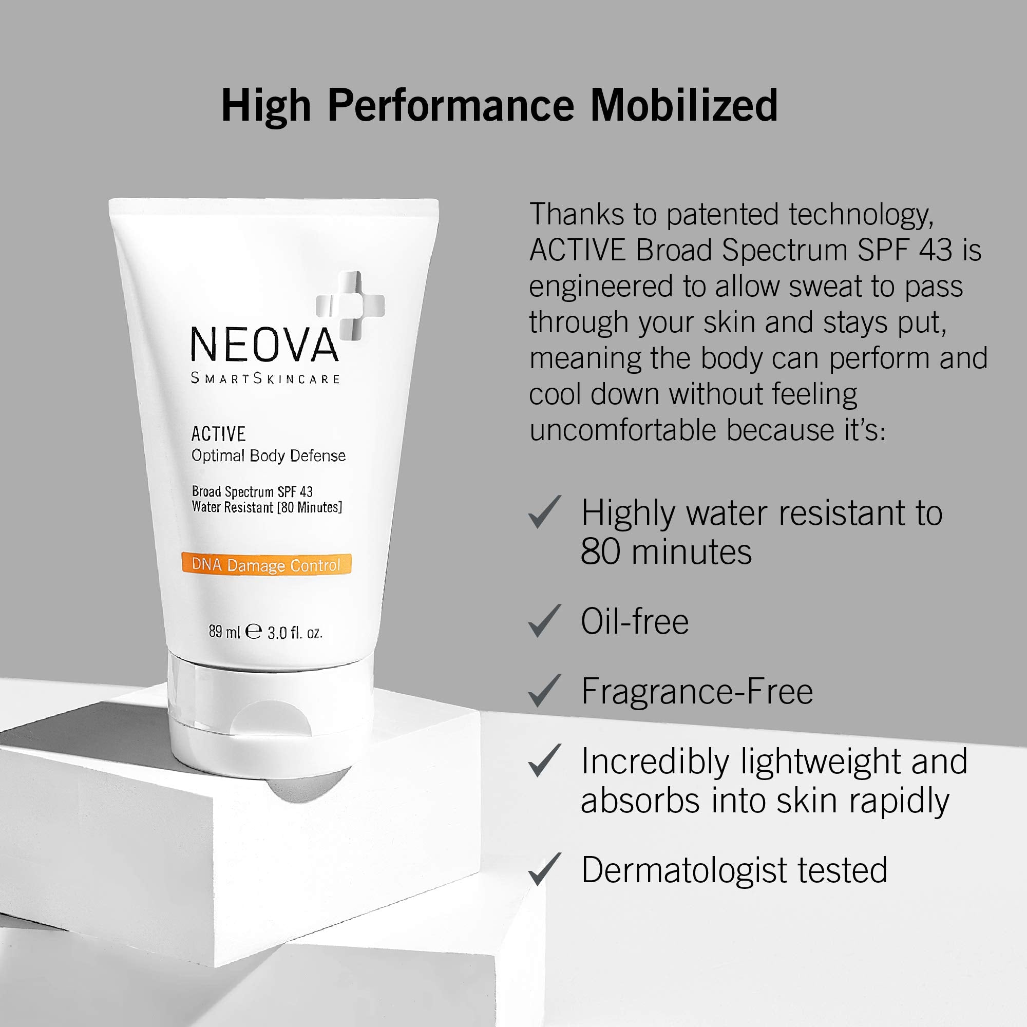 NEOVA SmartSkincare Active Sunscreen for Body – SPF 43, Zinc & Octinoxate, Water-Resistant