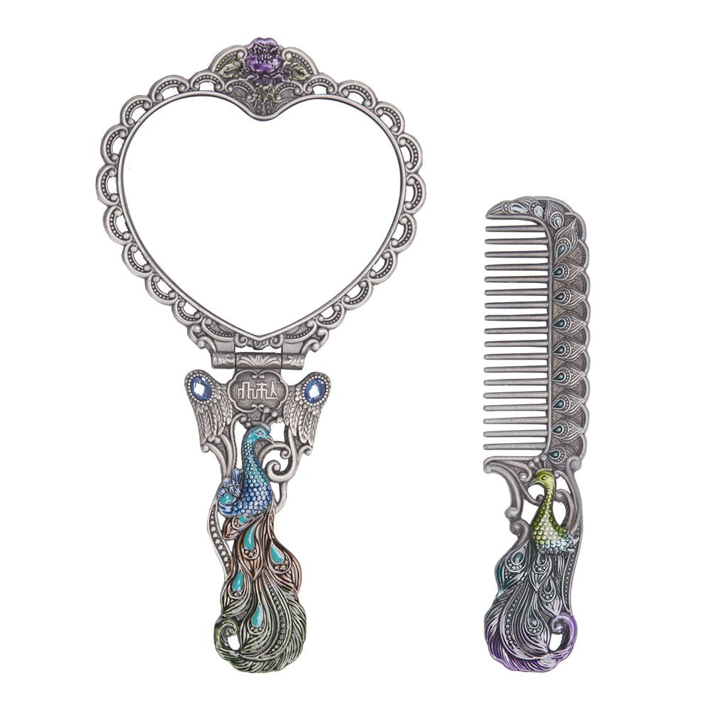 Nerien Vintage Peacock Mirror & Heart-Shaped Comb Set – Antique Pewter