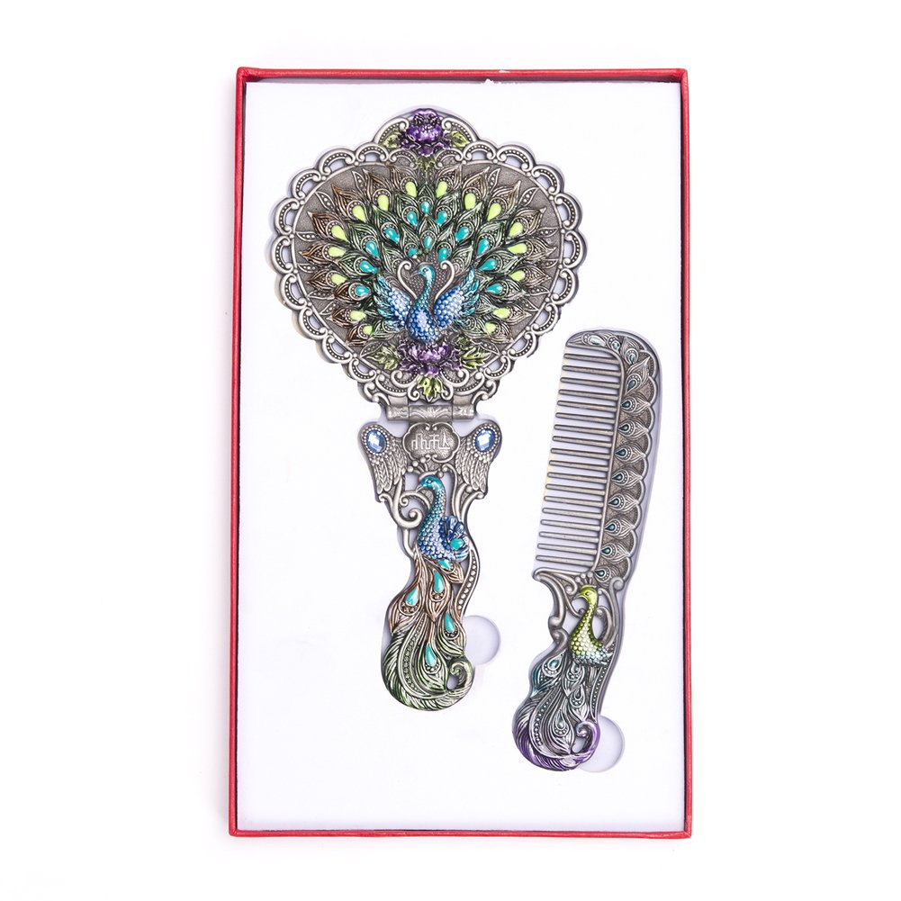 Nerien Vintage Peacock Mirror & Heart-Shaped Comb Set – Antique Pewter