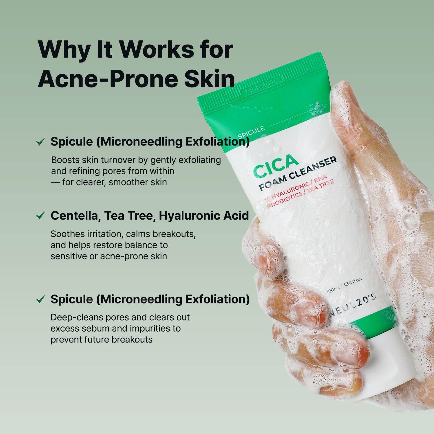 NEUL20S Spicule CICA Foam Cleanser – Hydrating Korean Face Wash with Centella, Hyaluronic Acid & Tea Tree