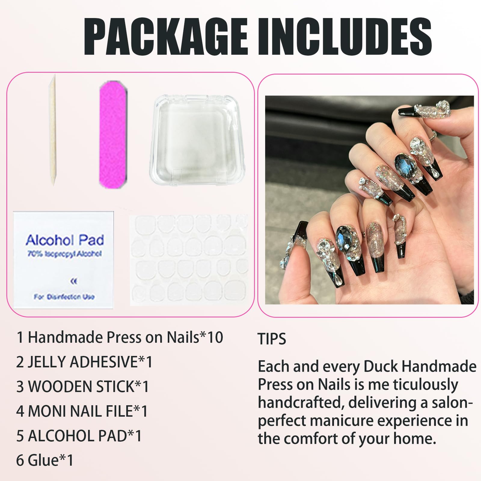 NEUQL Handmade Press On Nails - Long Square Reusable Black M | Luxury Nail Kit for Women