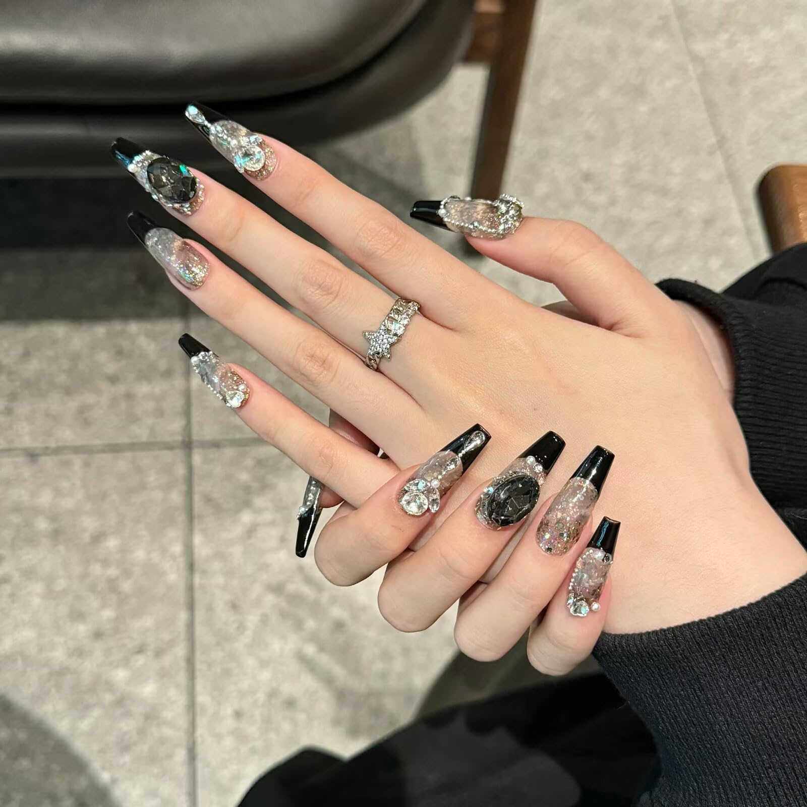 NEUQL Handmade Press On Nails - Long Square, Reusable, Black S | Luxury Nail Kit