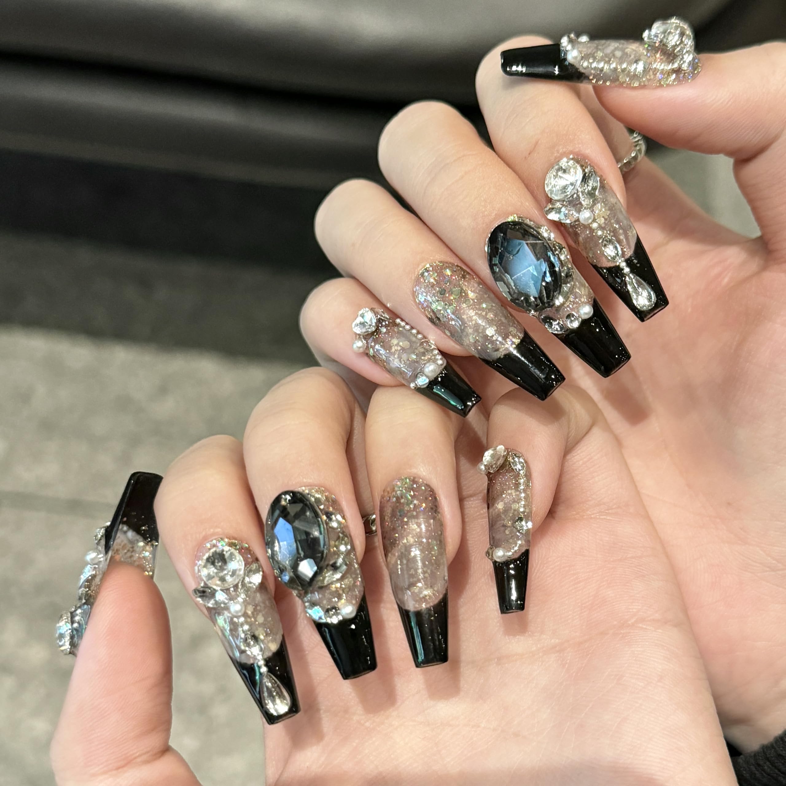 NEUQL Handmade Press On Nails - Long Square, Reusable, Black S | Luxury Nail Kit