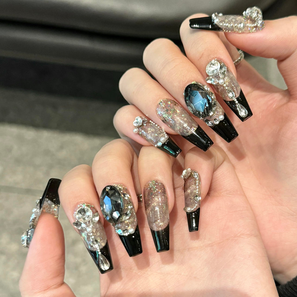 NEUQL Handmade Press On Nails - Long Square Reusable Black M | Luxury Nail Kit for Women