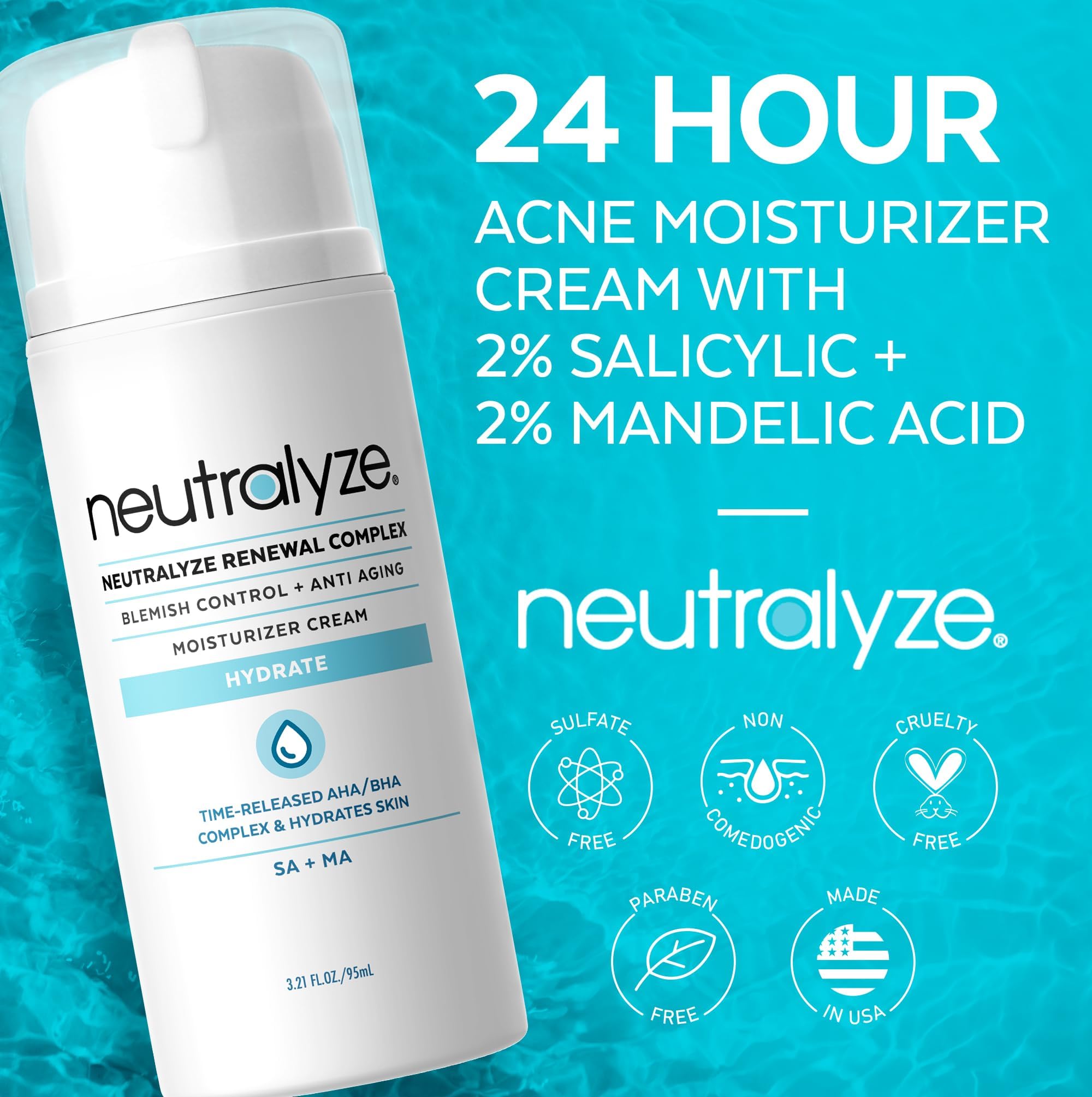Neutralyze Renewal Complex Acne Moisturizer — Maximum Strength 2% Mandelic + 2% Salicylic, Time-Release