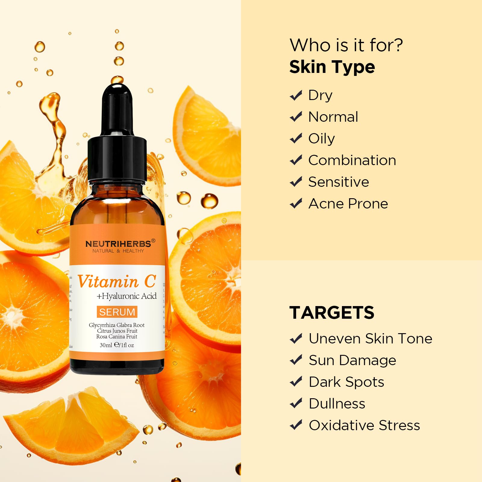 Neutriherbs Vitamin C Serum with Hyaluronic Acid – Anti-Aging, Brightening & Hydrating Facial Serum (1 fl oz)