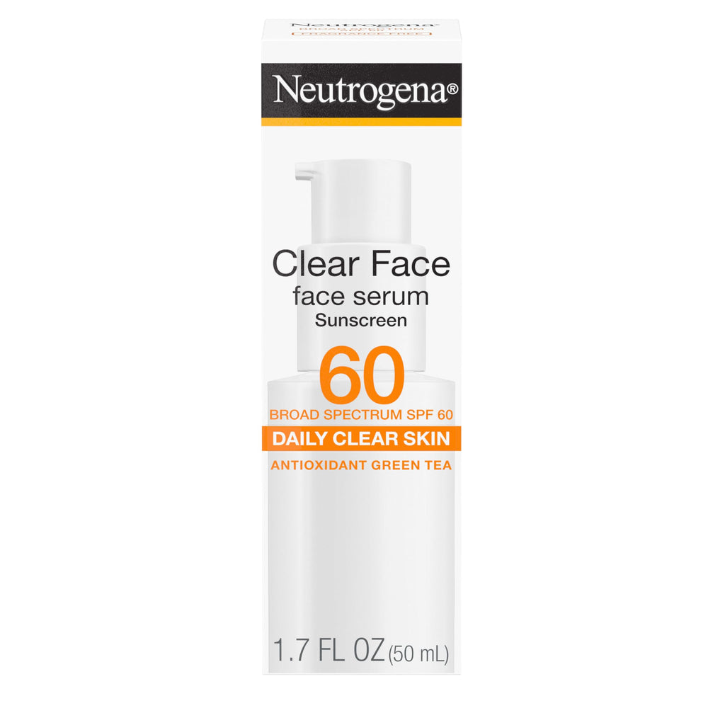 Neutrogena Clear Face Serum Sunscreen SPF 60 – Fragrance-Free, Non-Comedogenic, Water-Resistant 1.7 oz