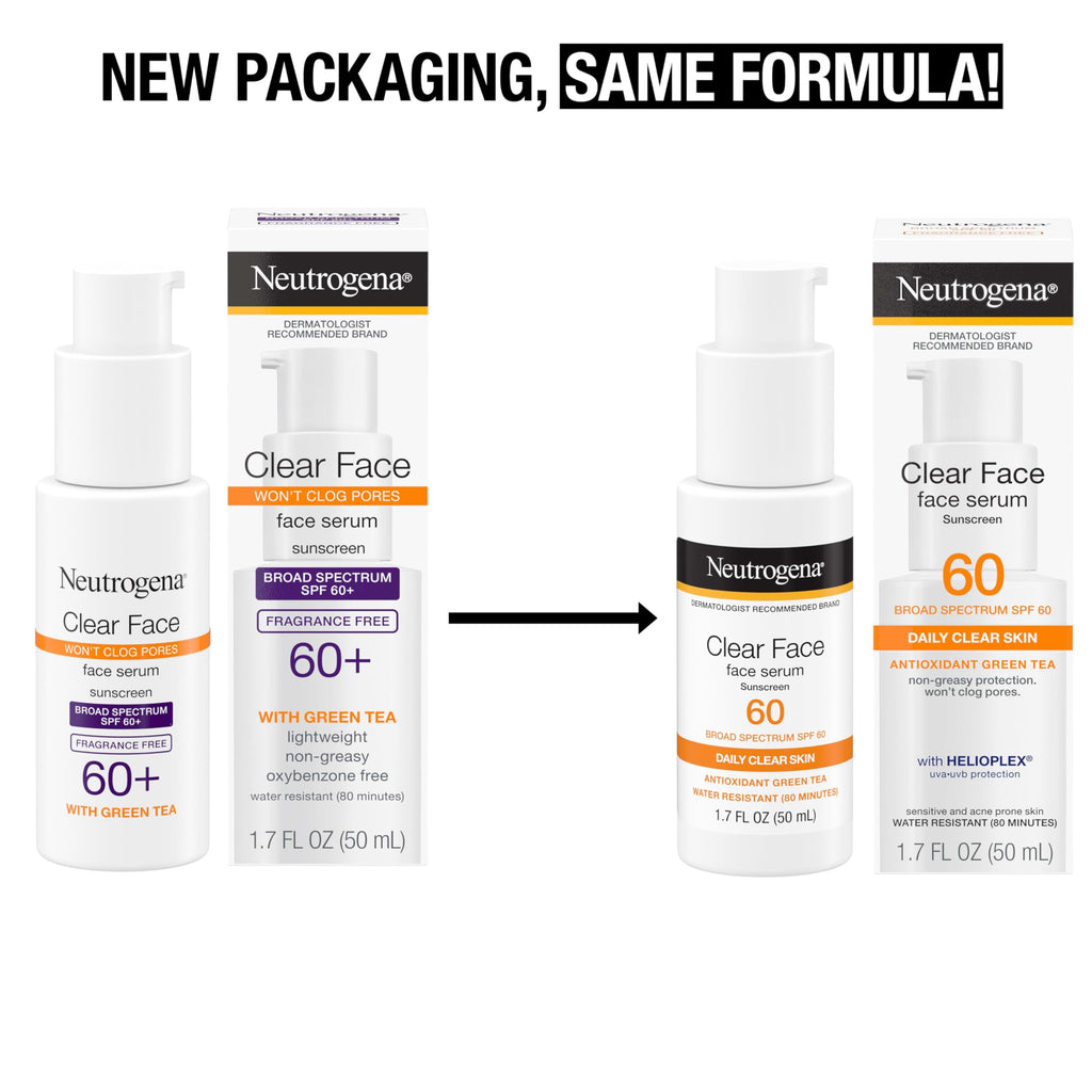 Neutrogena Clear Face Serum Sunscreen SPF 60 – Fragrance-Free, Non-Comedogenic, Water-Resistant 1.7 oz