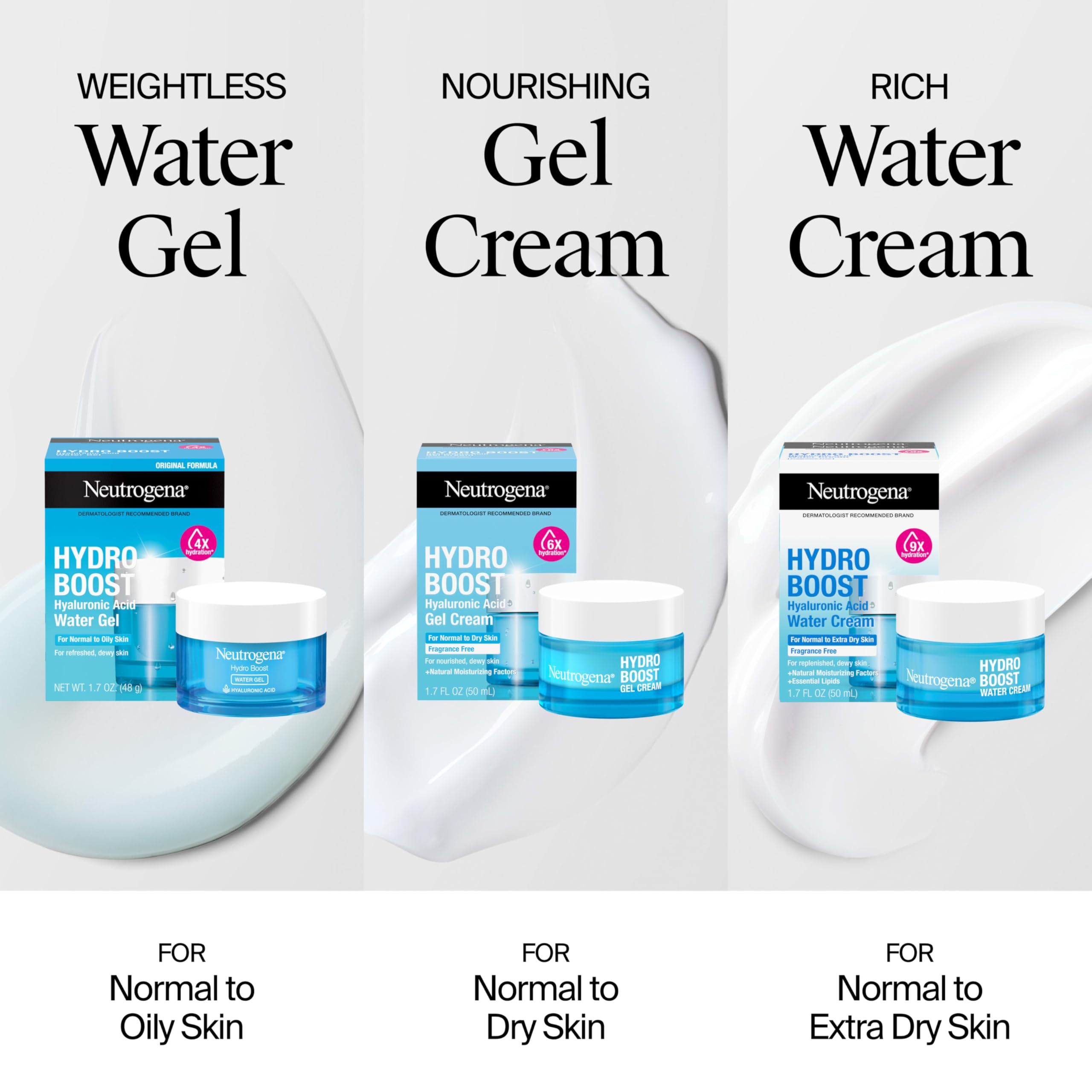 Neutrogena Hydro Boost Water Gel – 24-Hour Hydration for Normal/Oily Skin | Hyaluronic Acid, Signature Fragrance, Pack of 3 (1.7 oz each)