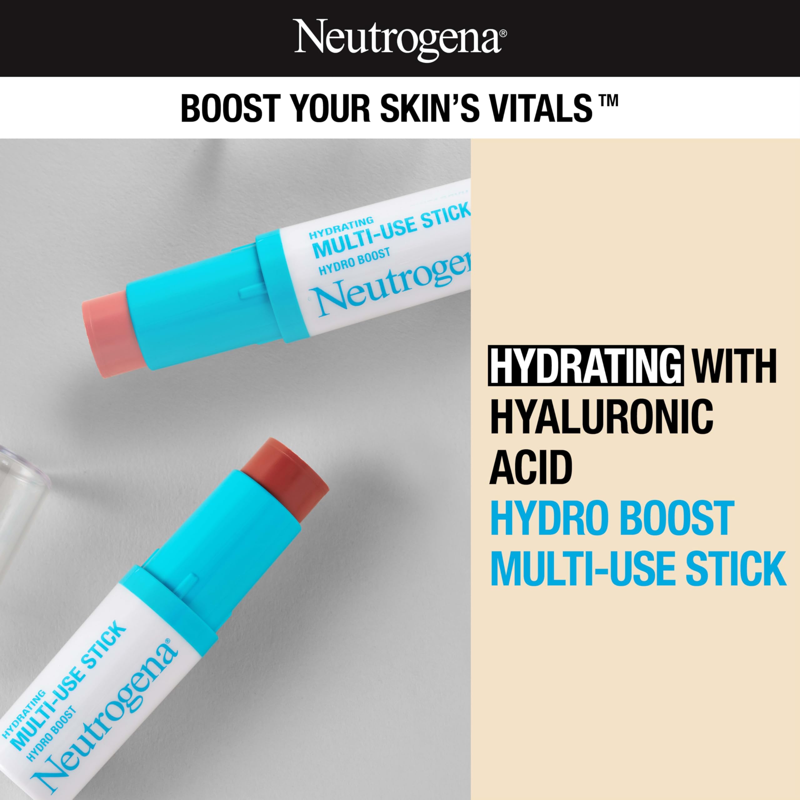 Neutrogena Hydro Boost Stick Hydratant 3-en-1 – Lèvres, Joues et Yeux, Rosé tendre, 0,26 oz