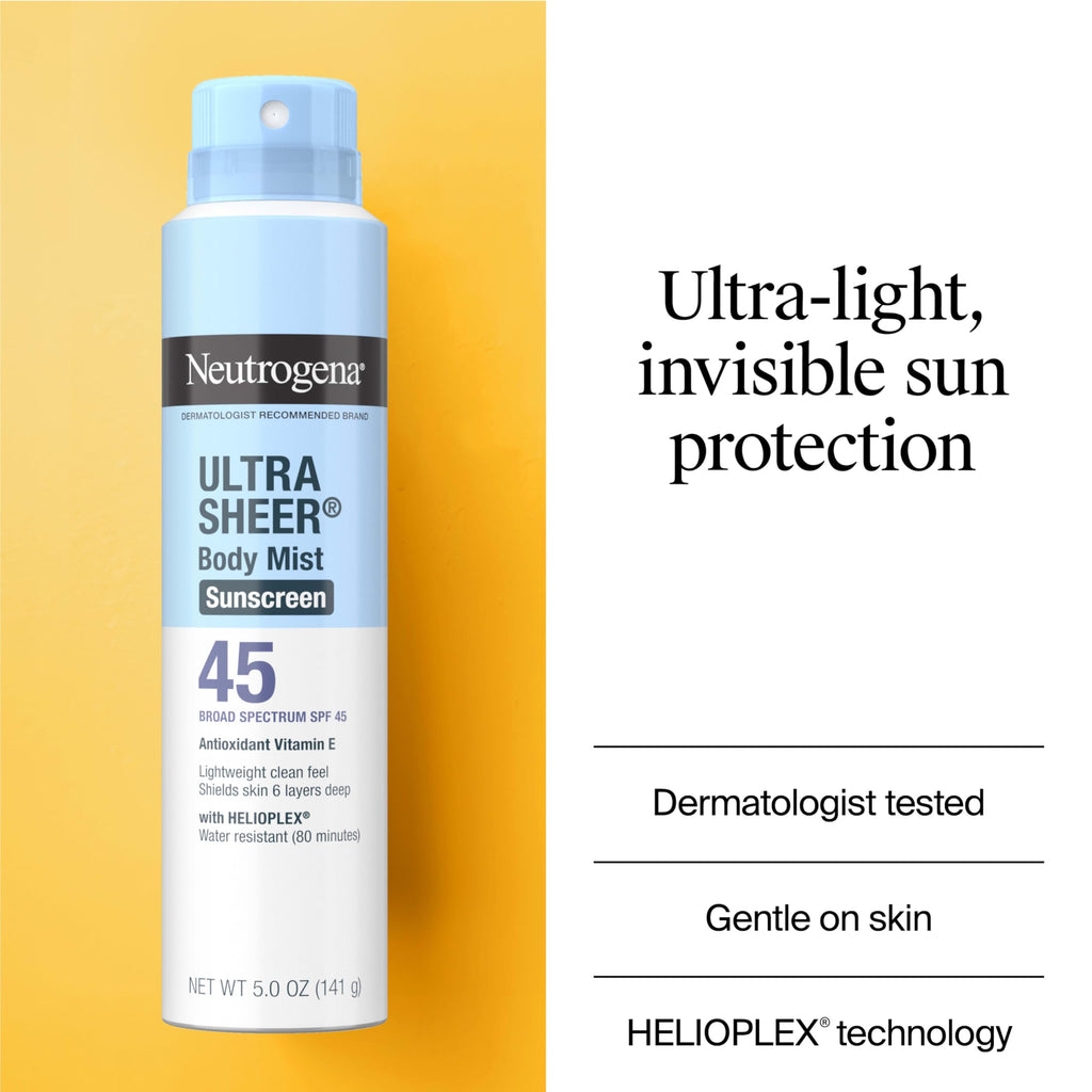 Neutrogena Ultra Sheer Body Mist Sunscreen Spray SPF 45 – Non-Greasy, Water-Resistant 3-Pack (5 oz each)