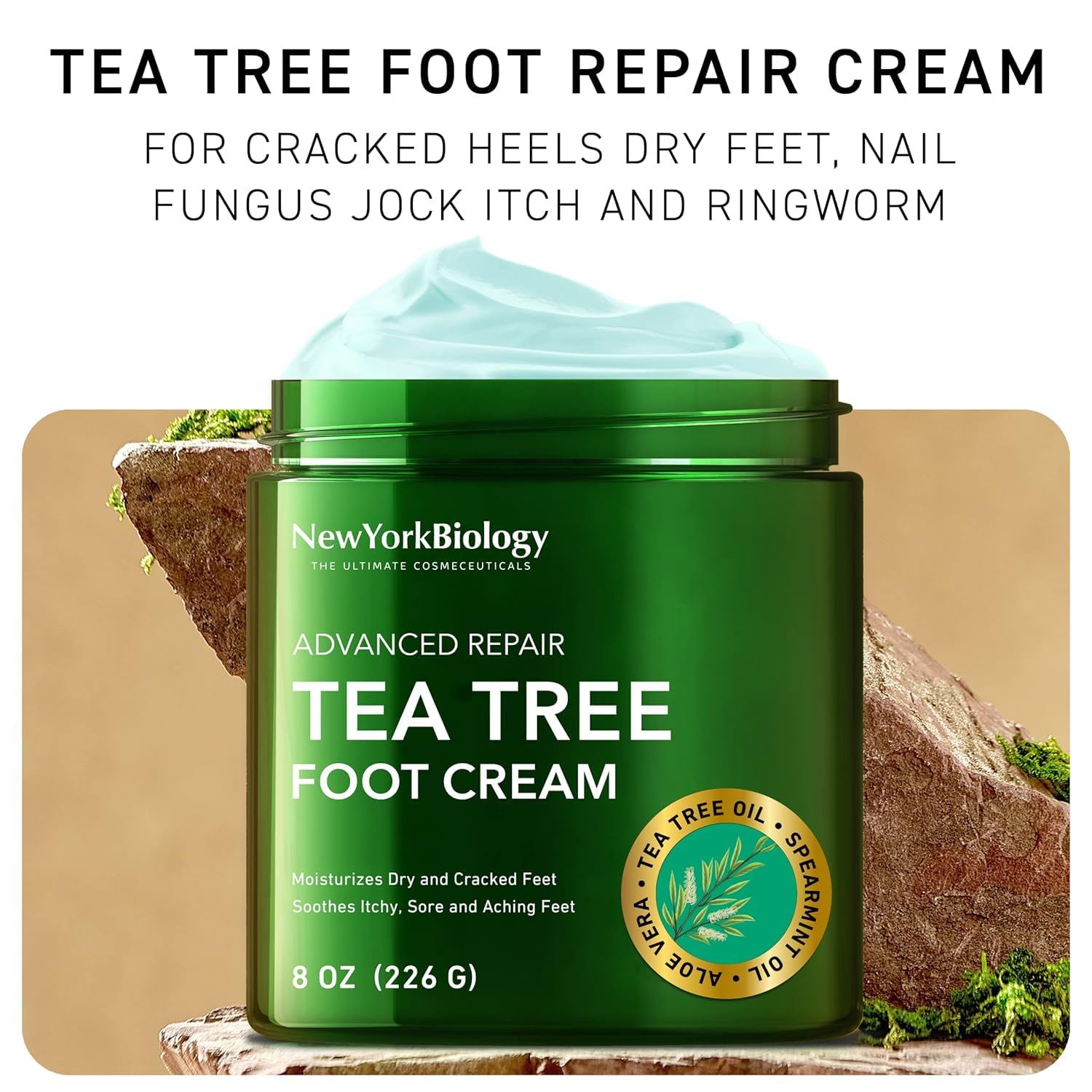 New York Biology Tea Tree Oil Foot Cream – Hydrates Dry Feet, Soothes Itch & Cracks (8 oz, Pack of 2)