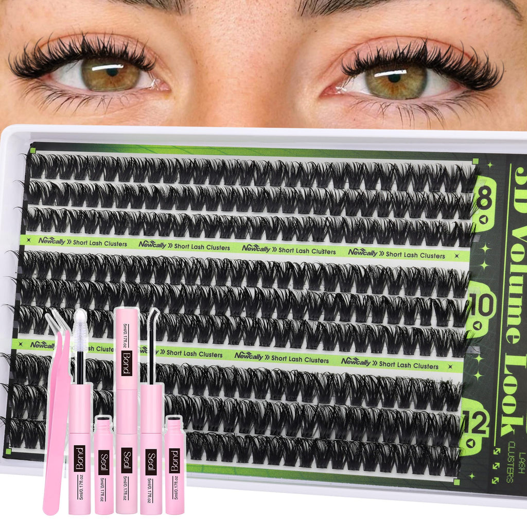 Newcally 80D Lash Clusters Kit — Short 8-12mm Wispy D-Curl, 261 Pcs