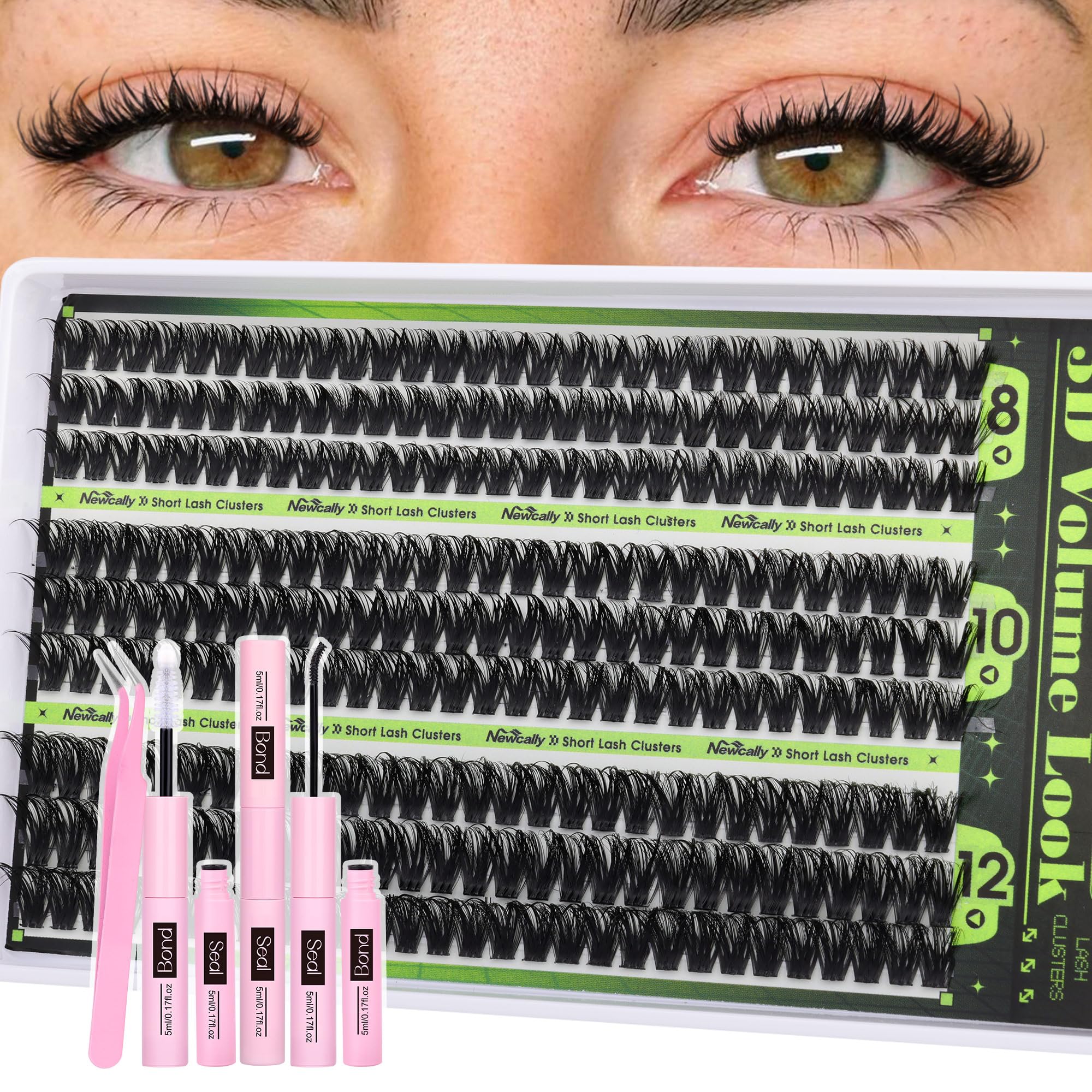 Newcally 80D Lash Clusters Kit — Short 8-12mm Wispy D-Curl, 261 Pcs