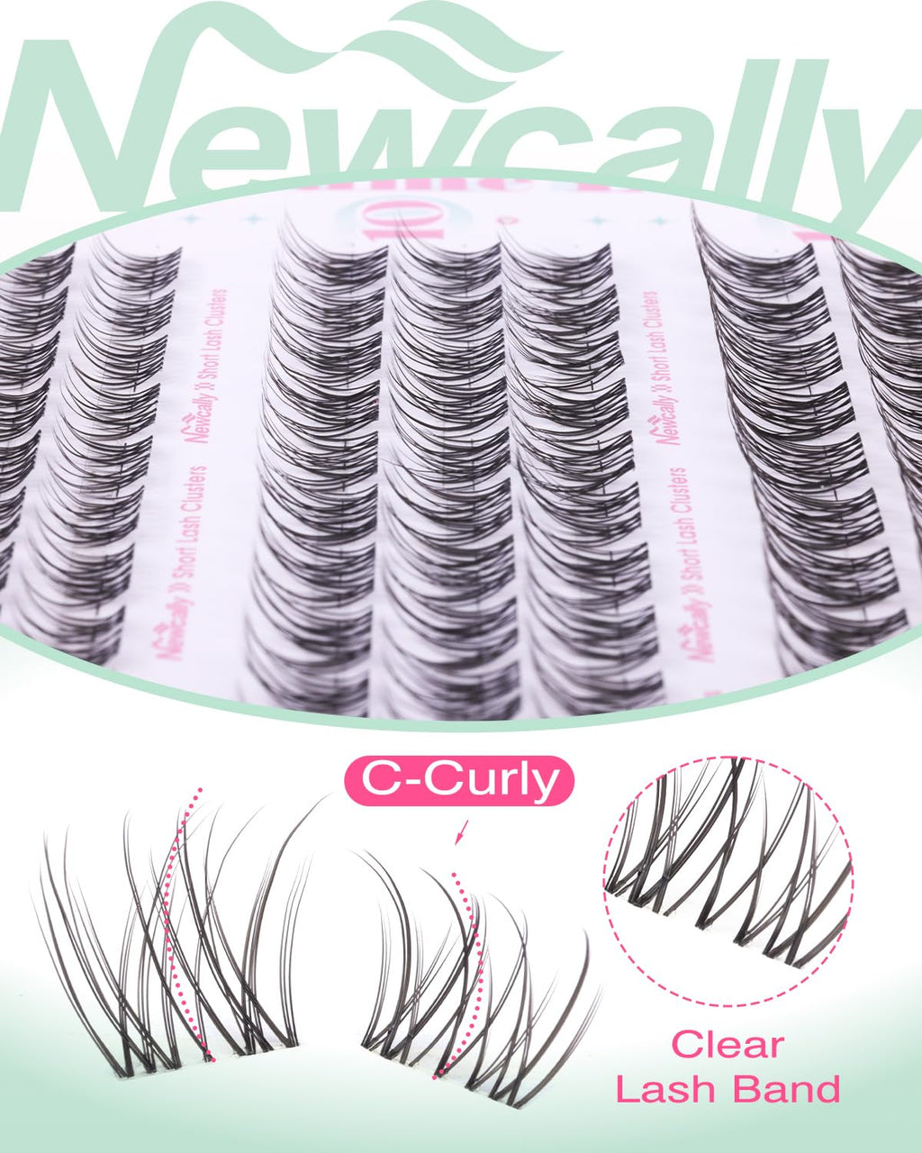 Newcally Natural Lash Clusters Kit 8-12mm – Clear Lash Band DIY C-Curly Lashes