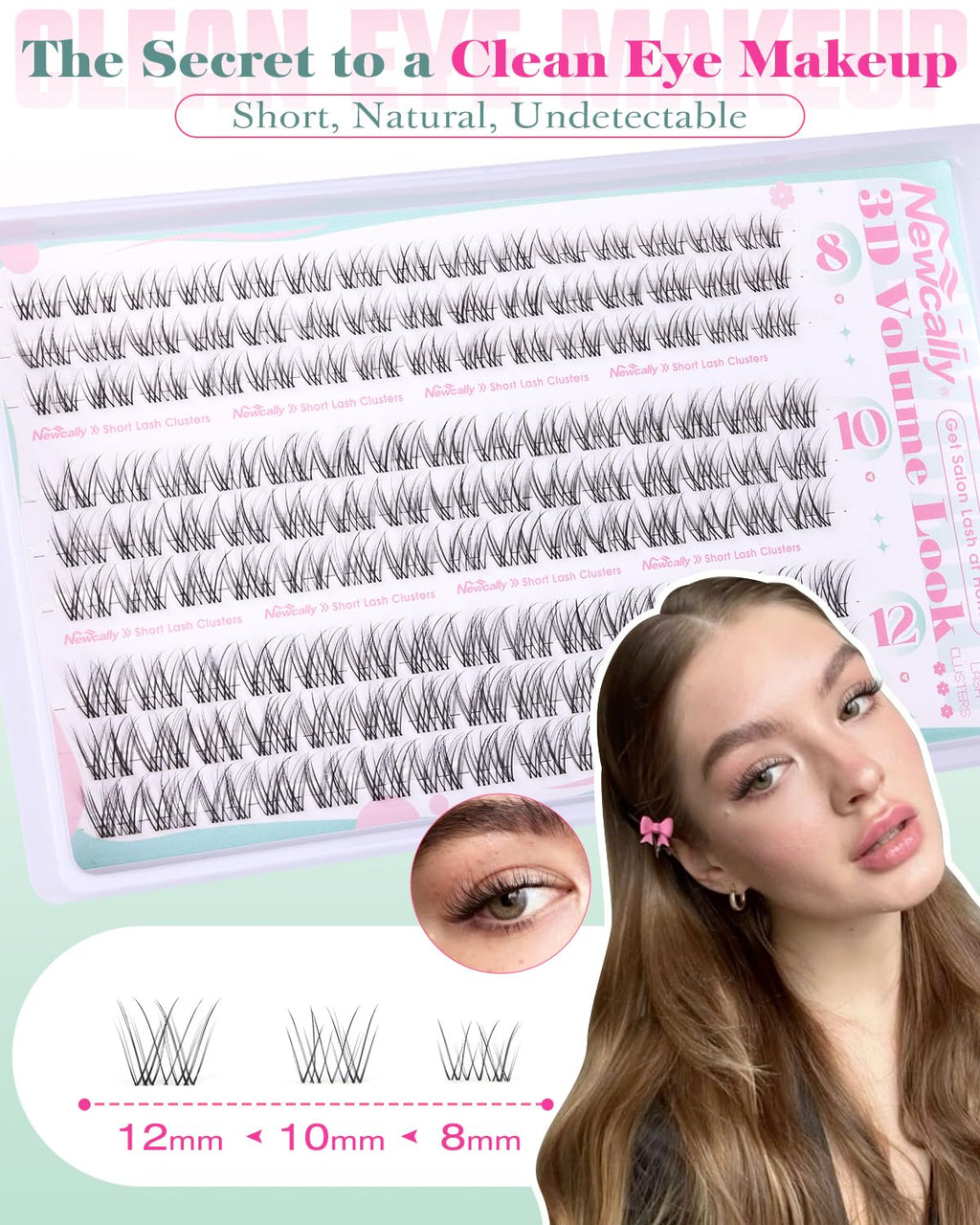 Newcally Natural Lash Clusters Kit 8-12mm – Clear Lash Band DIY C-Curly Lashes