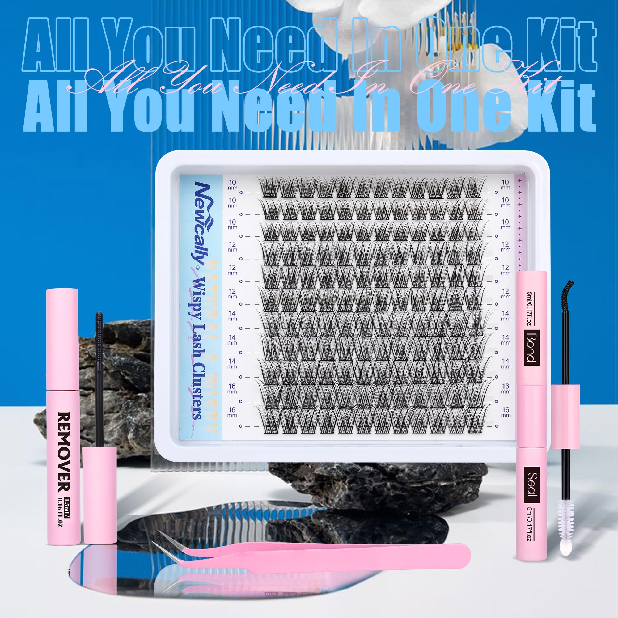 Newcally Cluster Eyelash Kit – Natural Wispy C-Curly 10–16mm Lashes + Bond & Seal