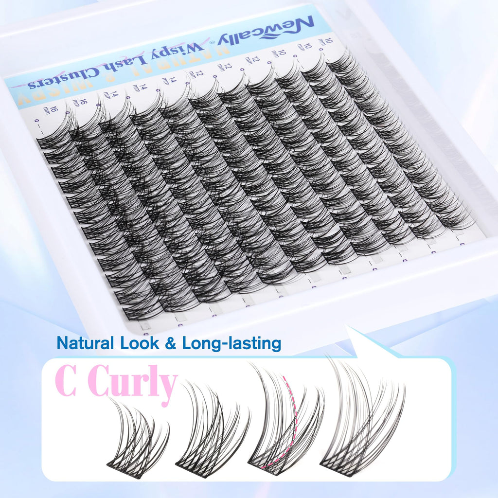 Newcally Cluster Eyelash Kit – Natural Wispy C-Curly 10–16mm Lashes + Bond & Seal