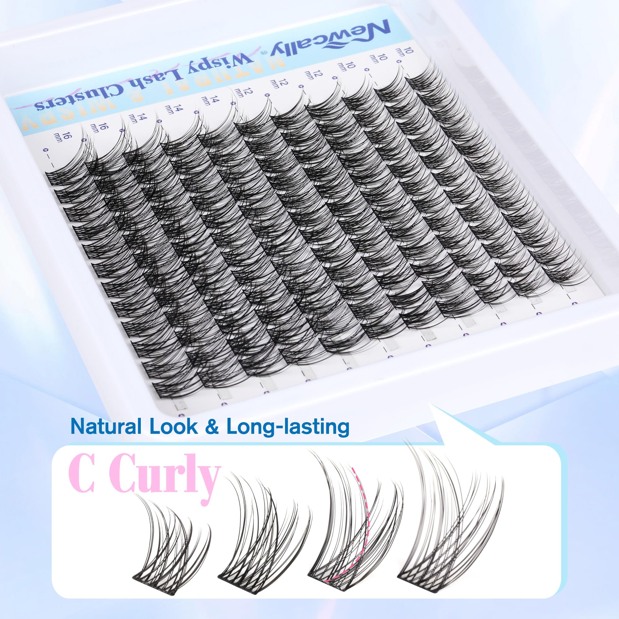 Newcally Cluster Eyelash Kit – Natural Wispy C-Curly 10–16mm Lashes + Bond & Seal