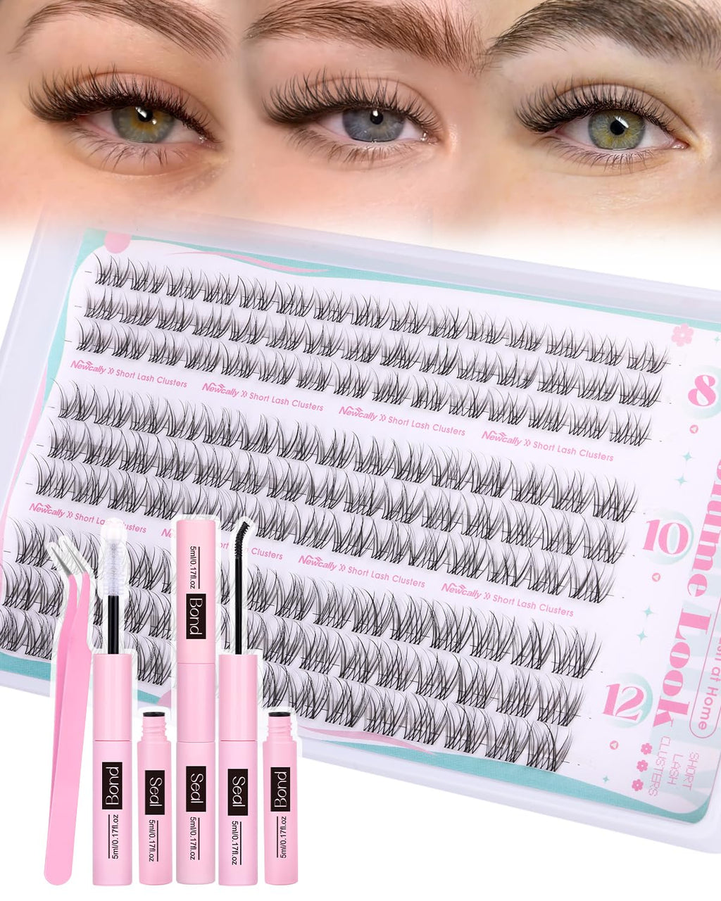 Newcally Natural Lash Clusters Kit 8-12mm – Clear Lash Band DIY C-Curly Lashes
