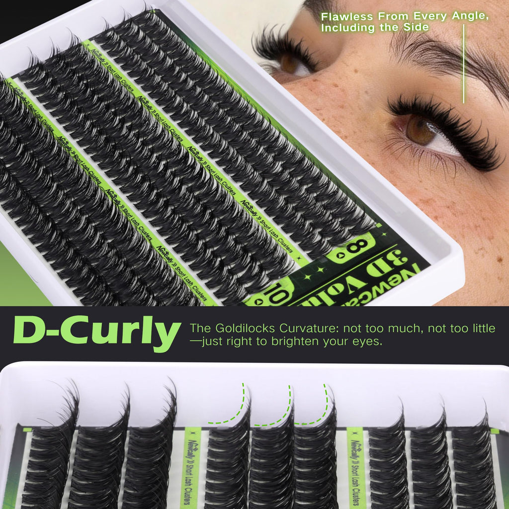 Newcally 80D Lash Clusters Kit — Short 8-12mm Wispy D-Curl, 261 Pcs