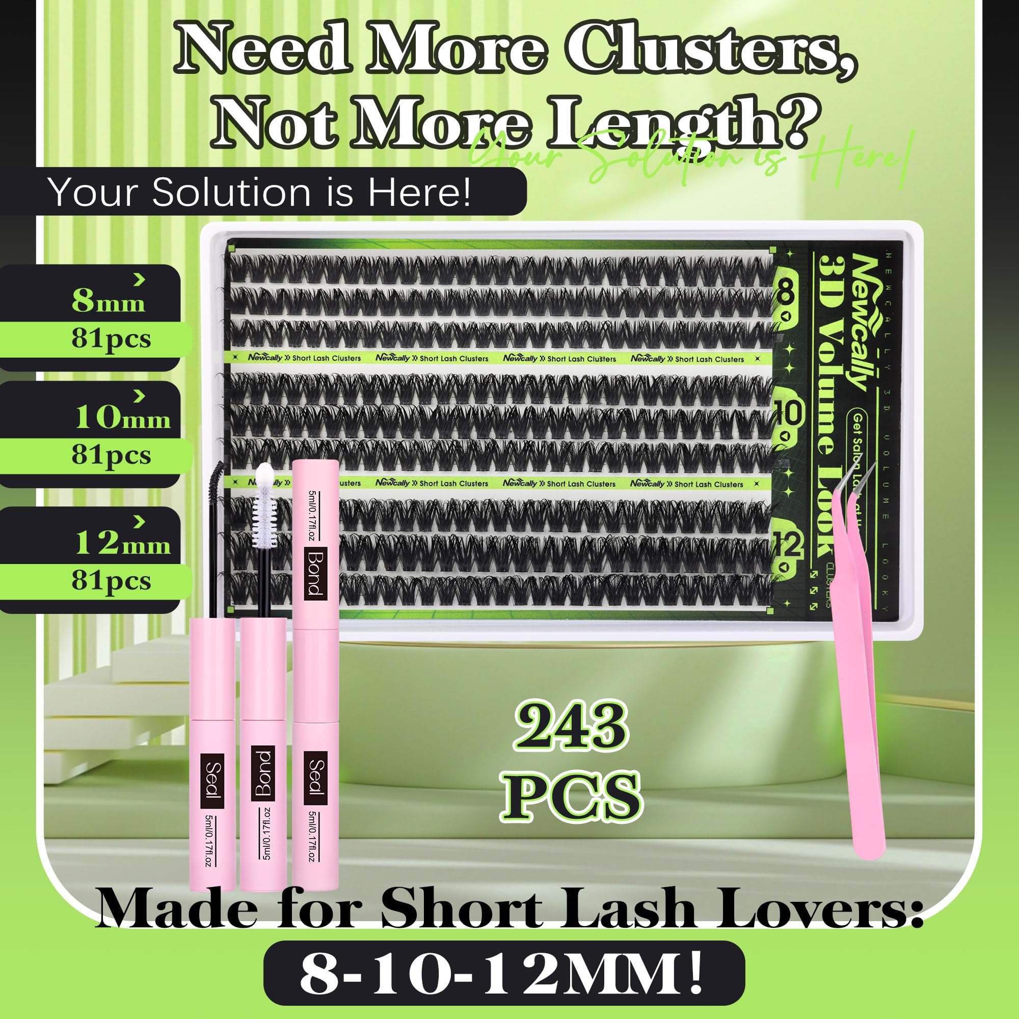 Newcally 80D Lash Clusters Kit — Short 8-12mm Wispy D-Curl, 261 Pcs