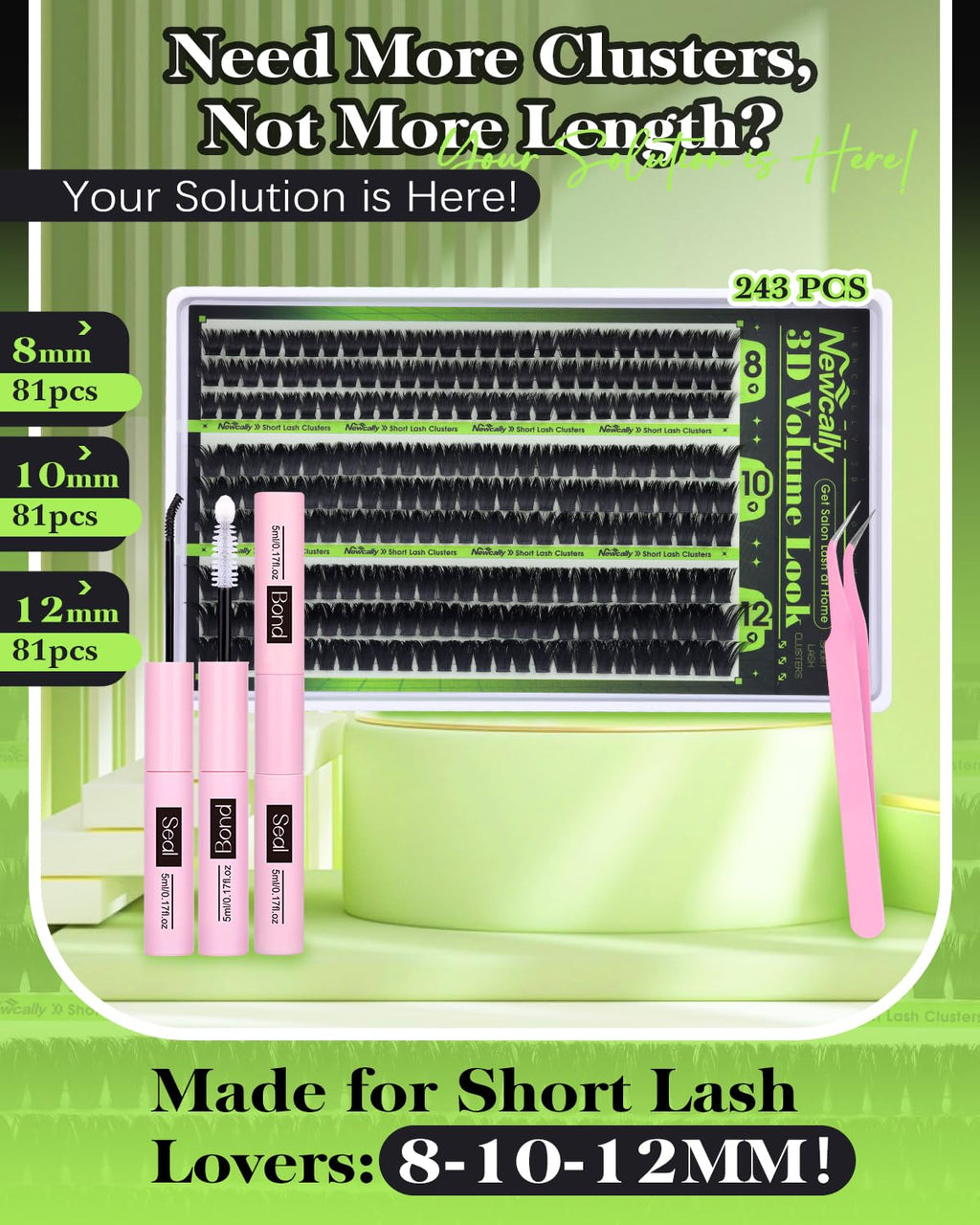 Newcally Volume Lash Clusters Kit 8-12mm – Fluffy 3D D-Curl Short Lashes, 243 Pcs