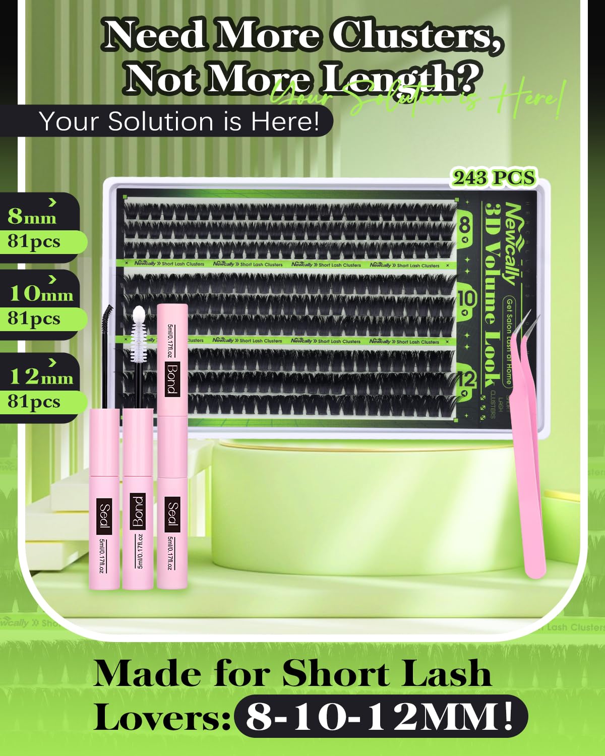 Newcally Volume Lash Clusters Kit 8-12mm – Fluffy 3D D-Curl Short Lashes, 243 Pcs