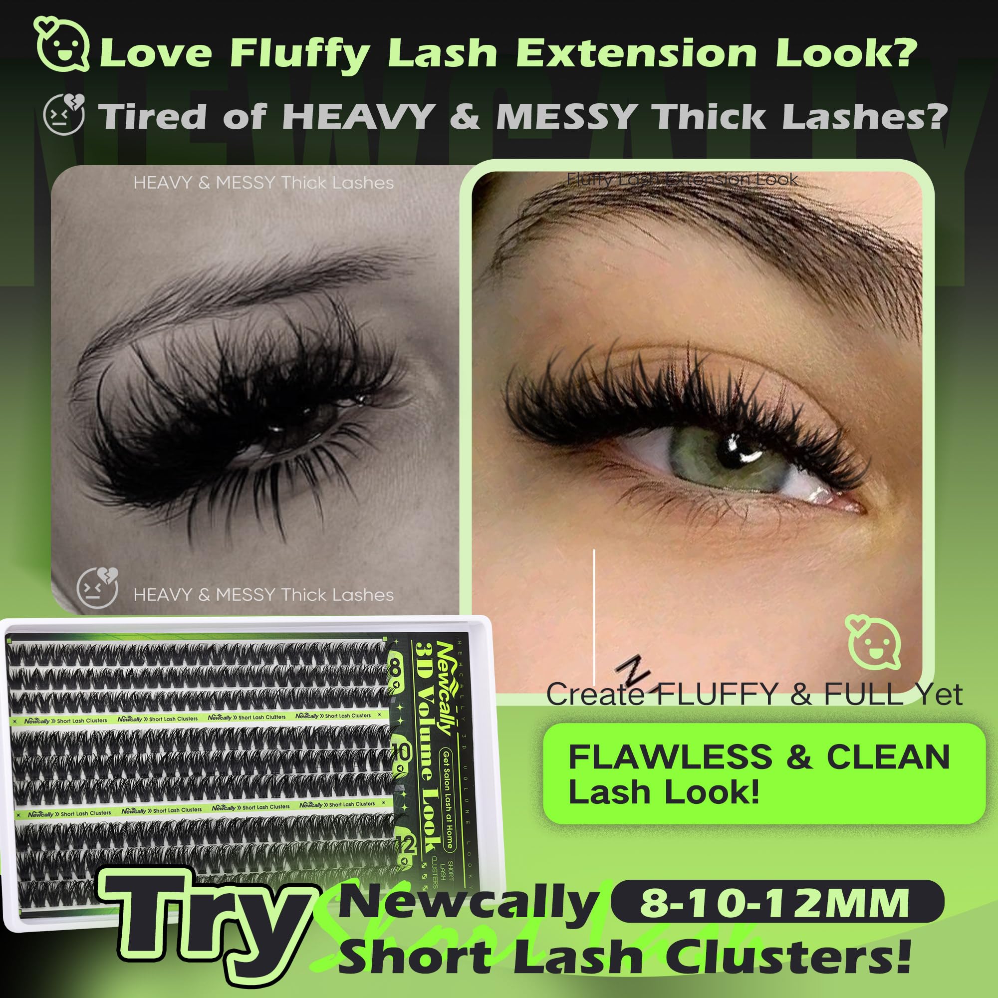Newcally 80D Lash Clusters Kit — Short 8-12mm Wispy D-Curl, 261 Pcs