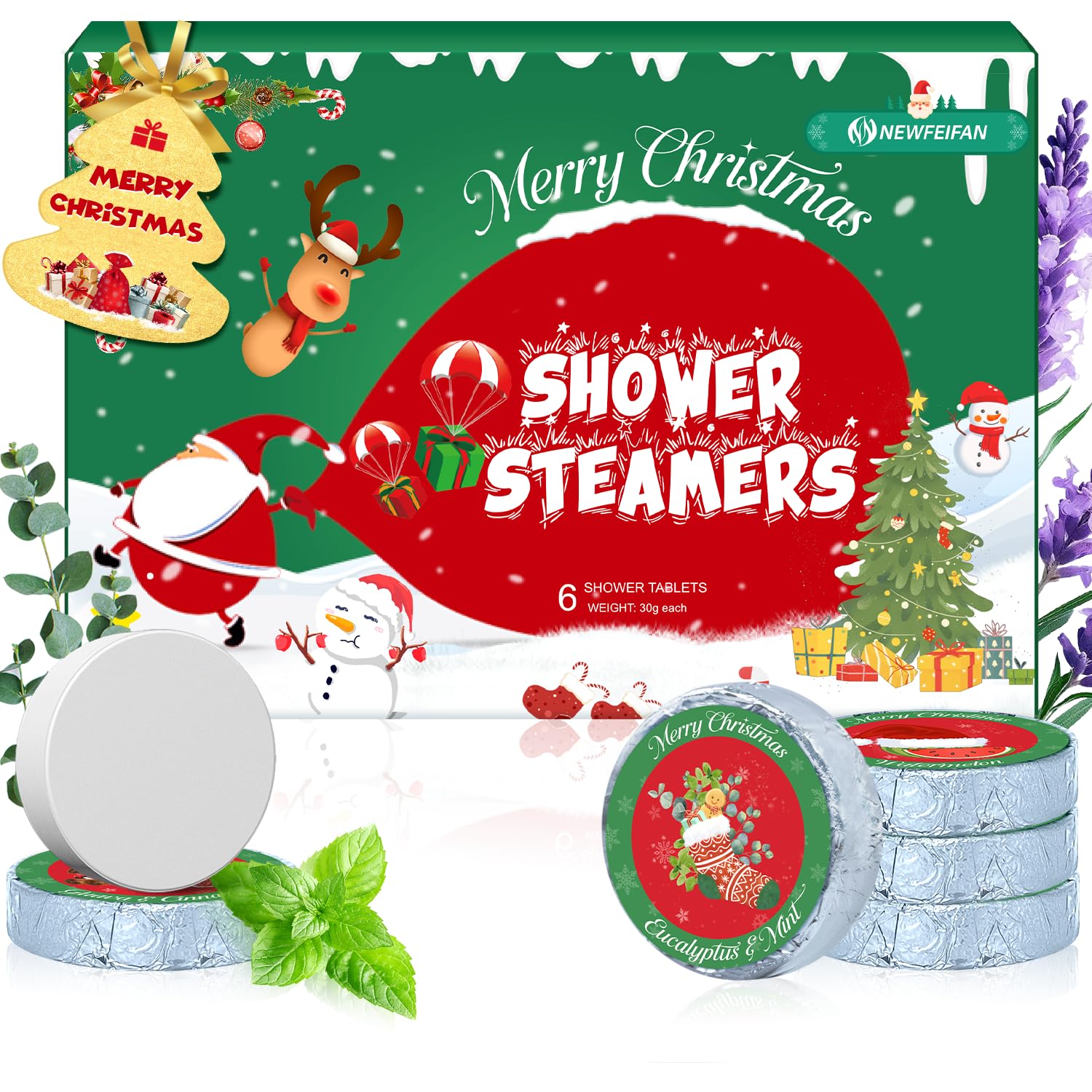 NEWFEIFAN Christmas Shower Steamers 6-Pack – Aromatherapy Spa Gift Set